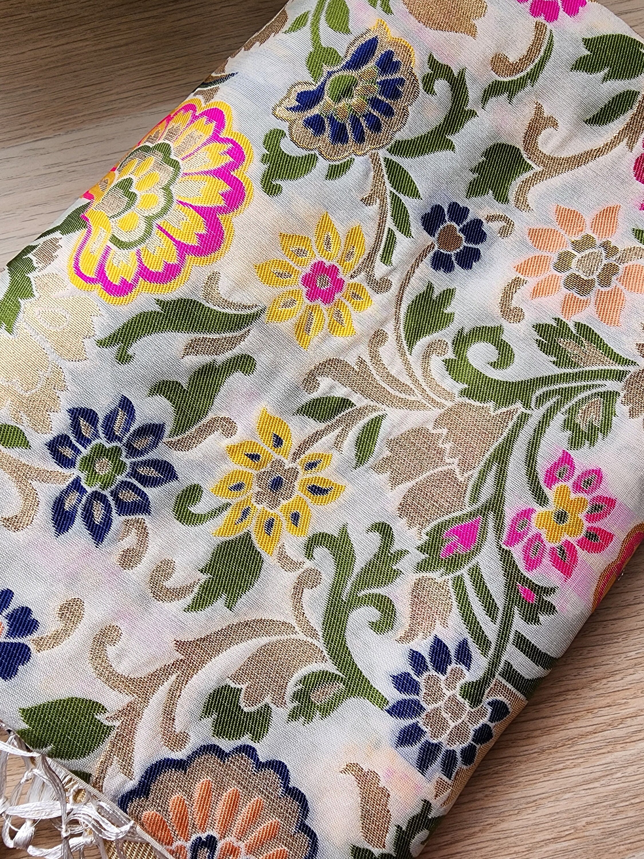 Banarasi Silk Off-White Dupatta with Multicolor & Gold Floral Handweaving