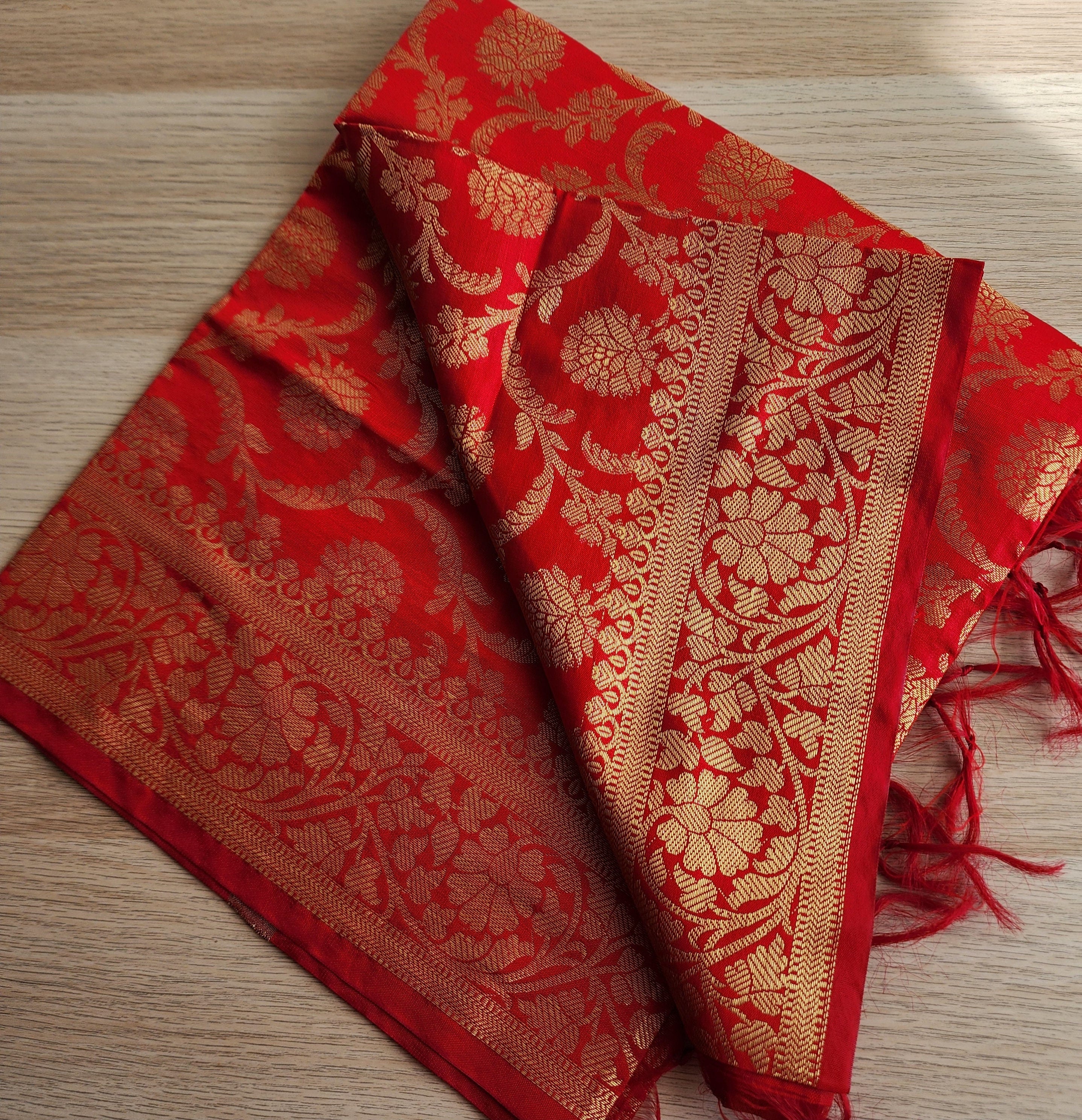 Banarasi Red Silk Dupatta with Gold Weaving and Floral Border