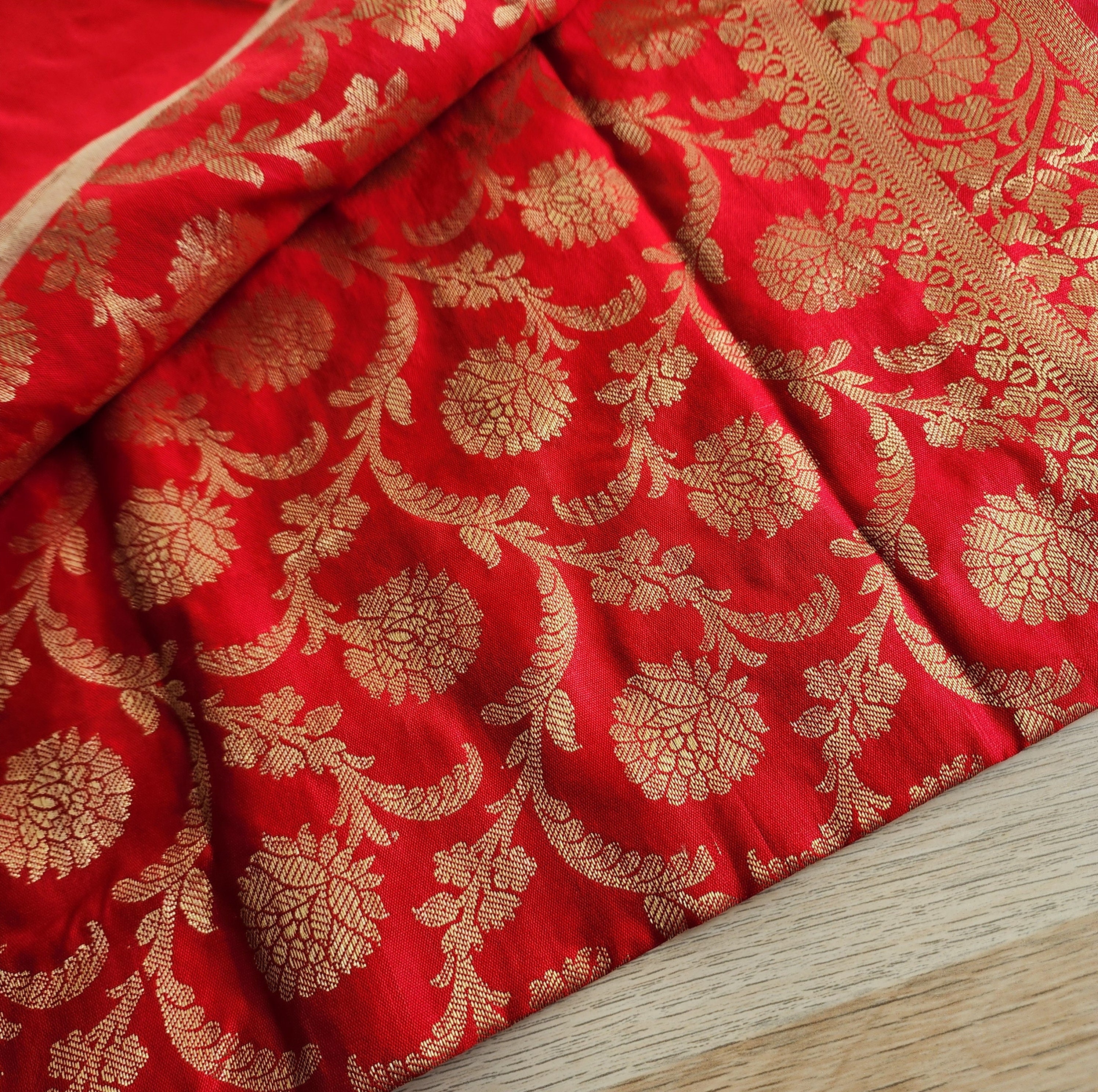 Banarasi Red Silk Dupatta with Gold Weaving and Floral Border