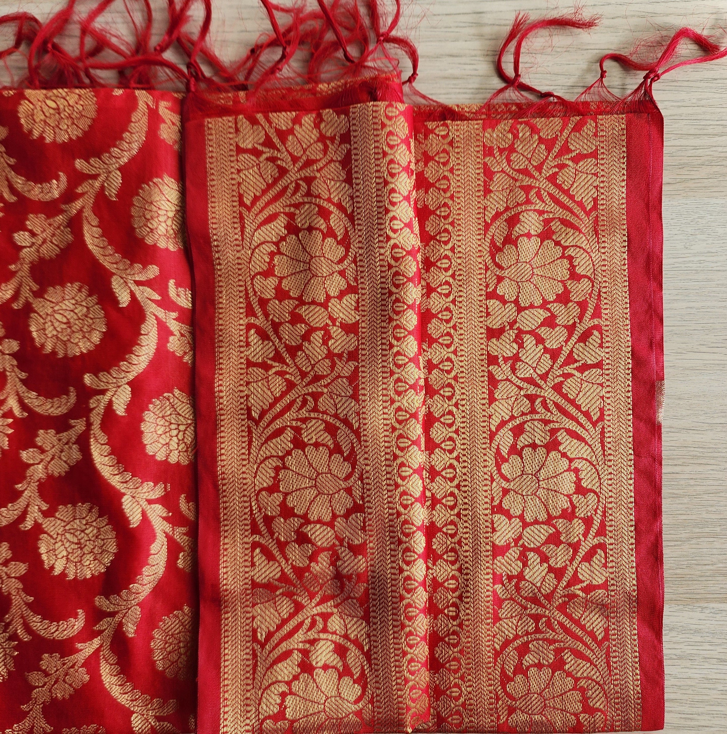 Banarasi Red Silk Dupatta with Gold Weaving and Floral Border
