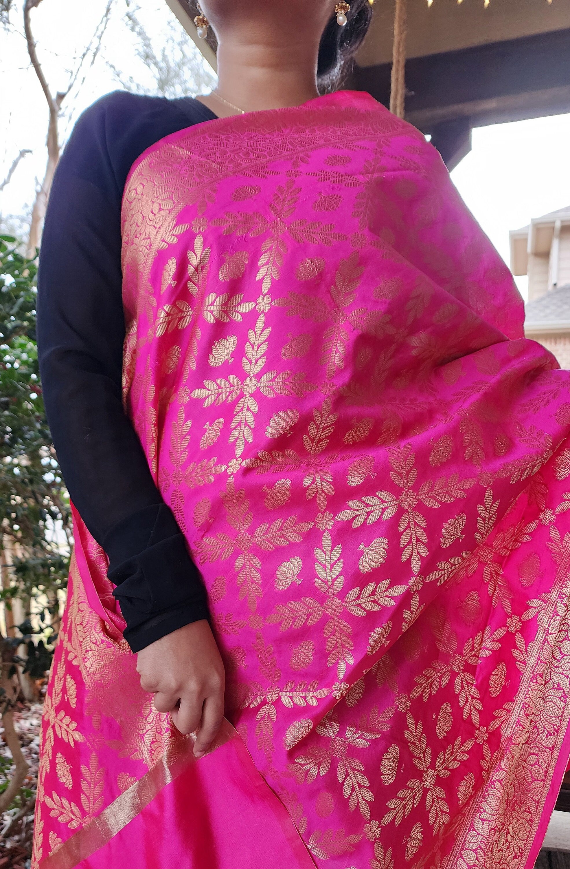 Banarasi Rani Pink Dupatta with gold handweaving