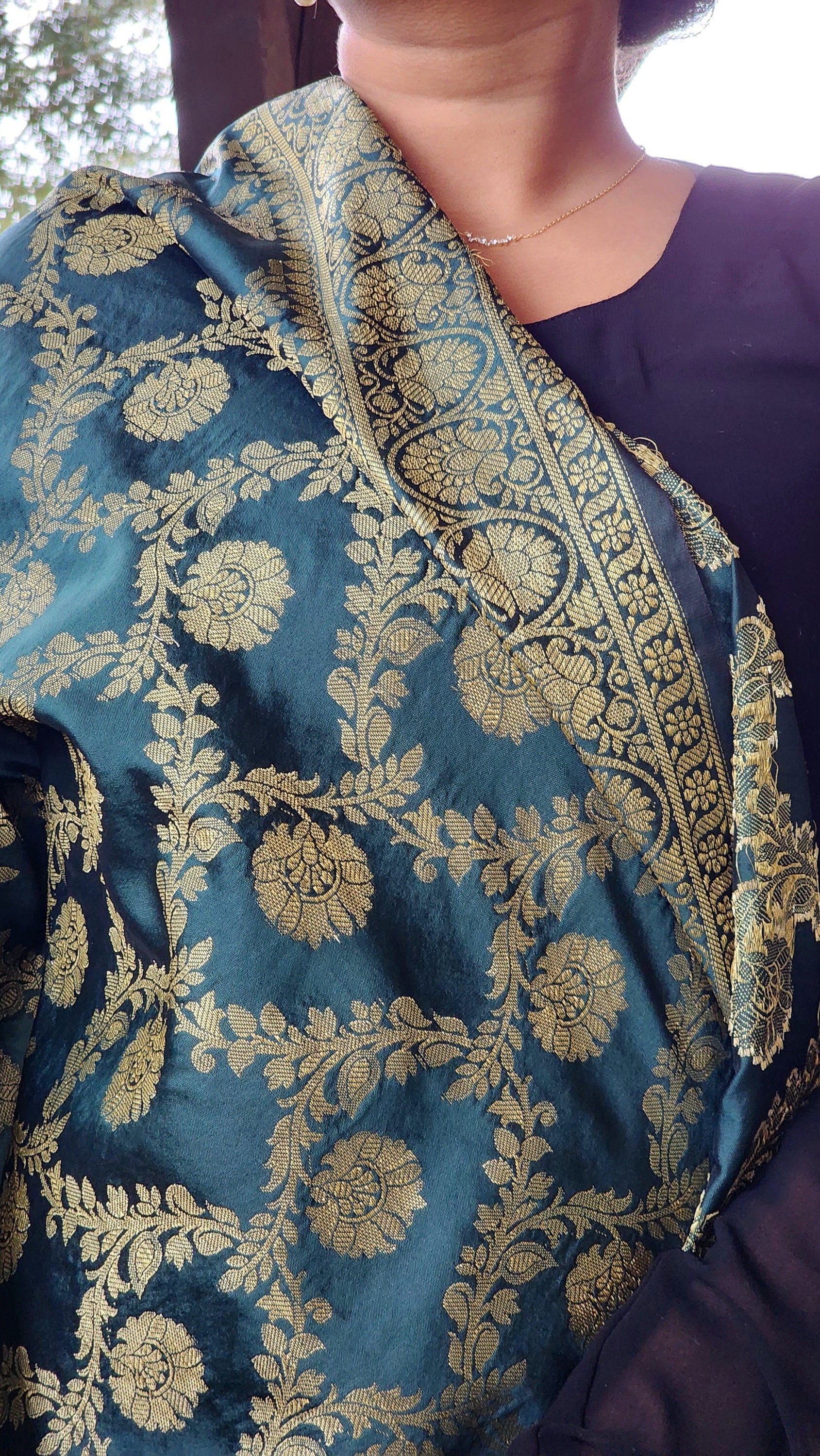 Banarasi Silk Dupatta with Gold Weaving - Bottle Green