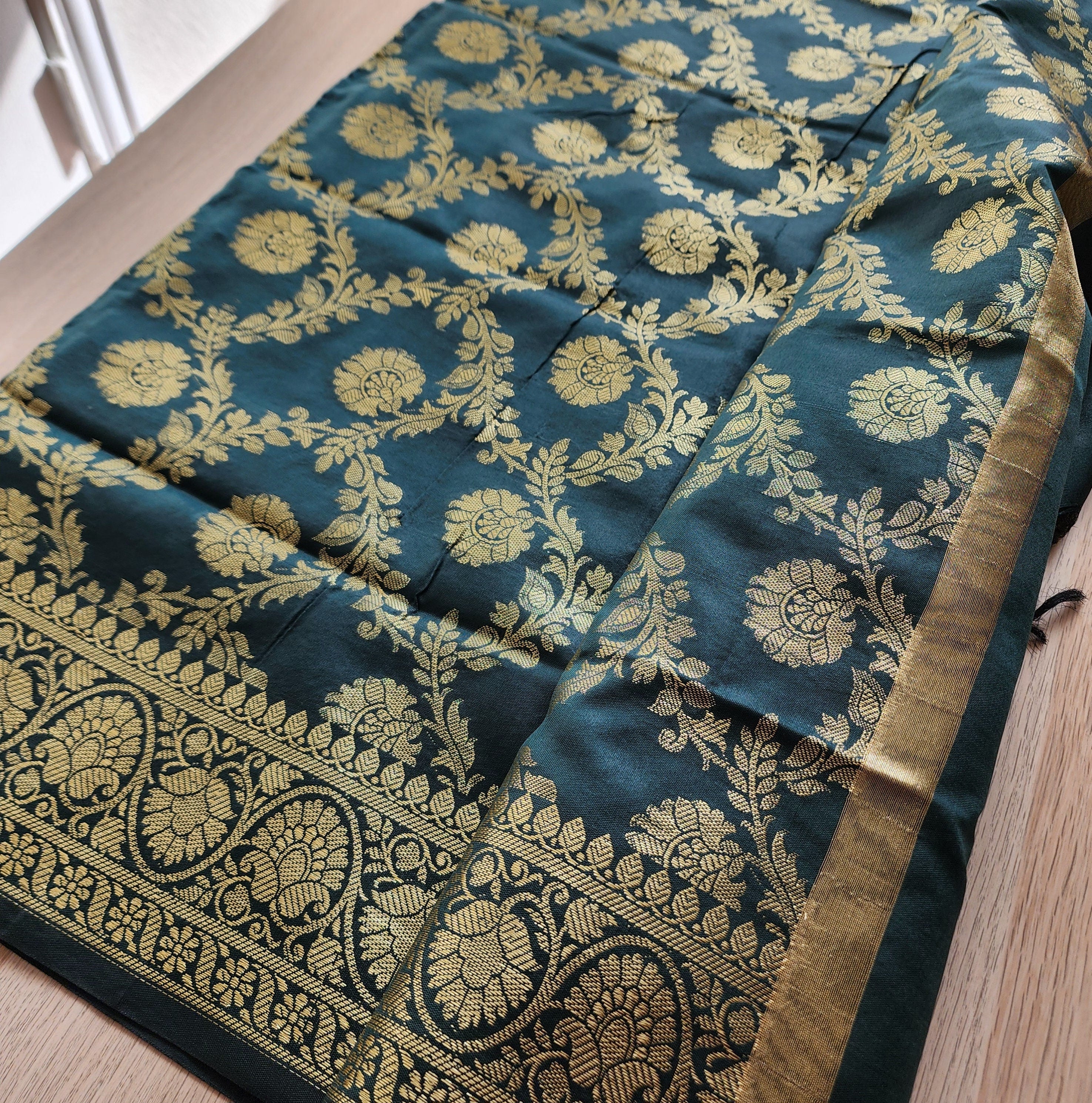Banarasi Silk Dupatta with Gold Weaving - Bottle Green