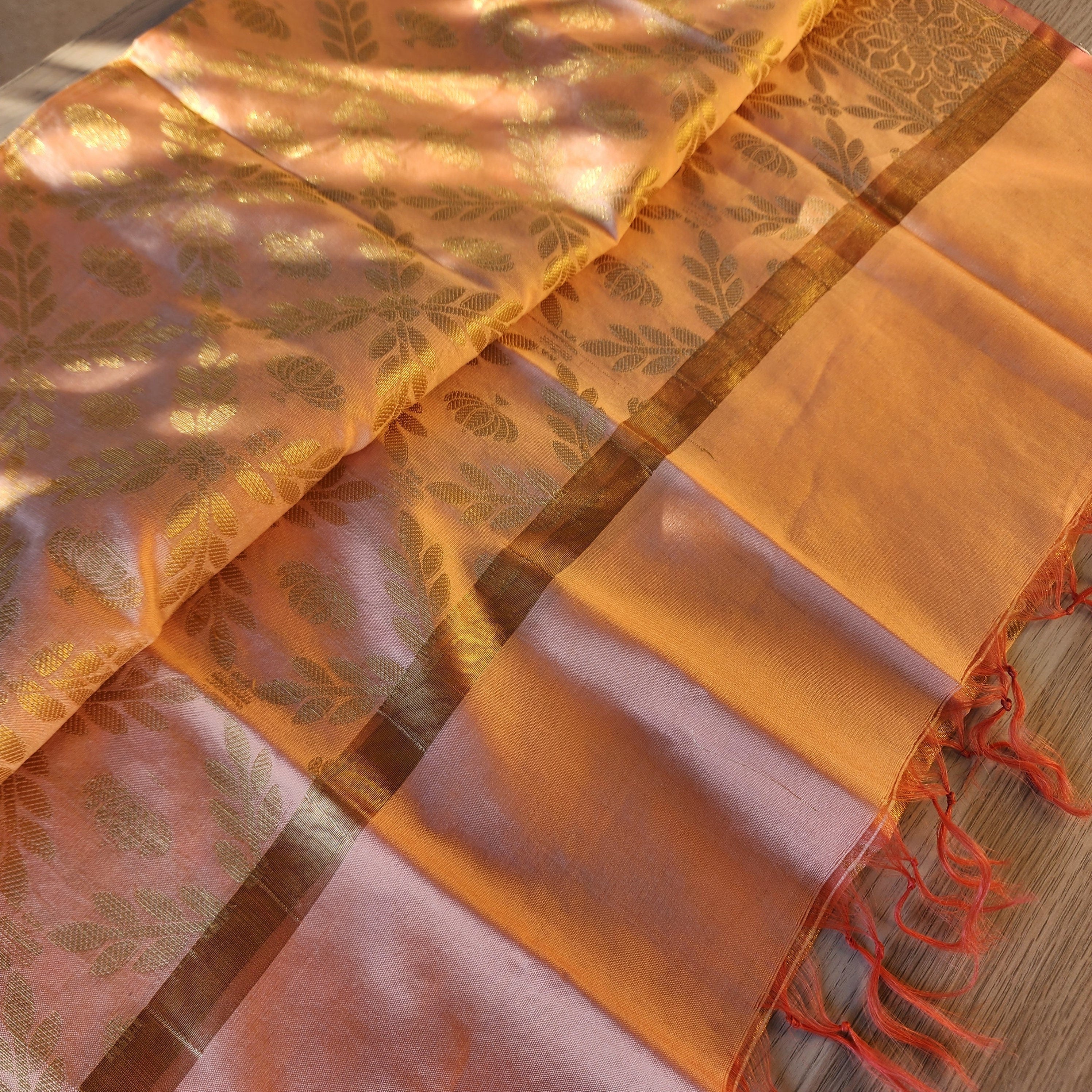 Banarasi Coral Pink Silk Dupatta with gold weaving
