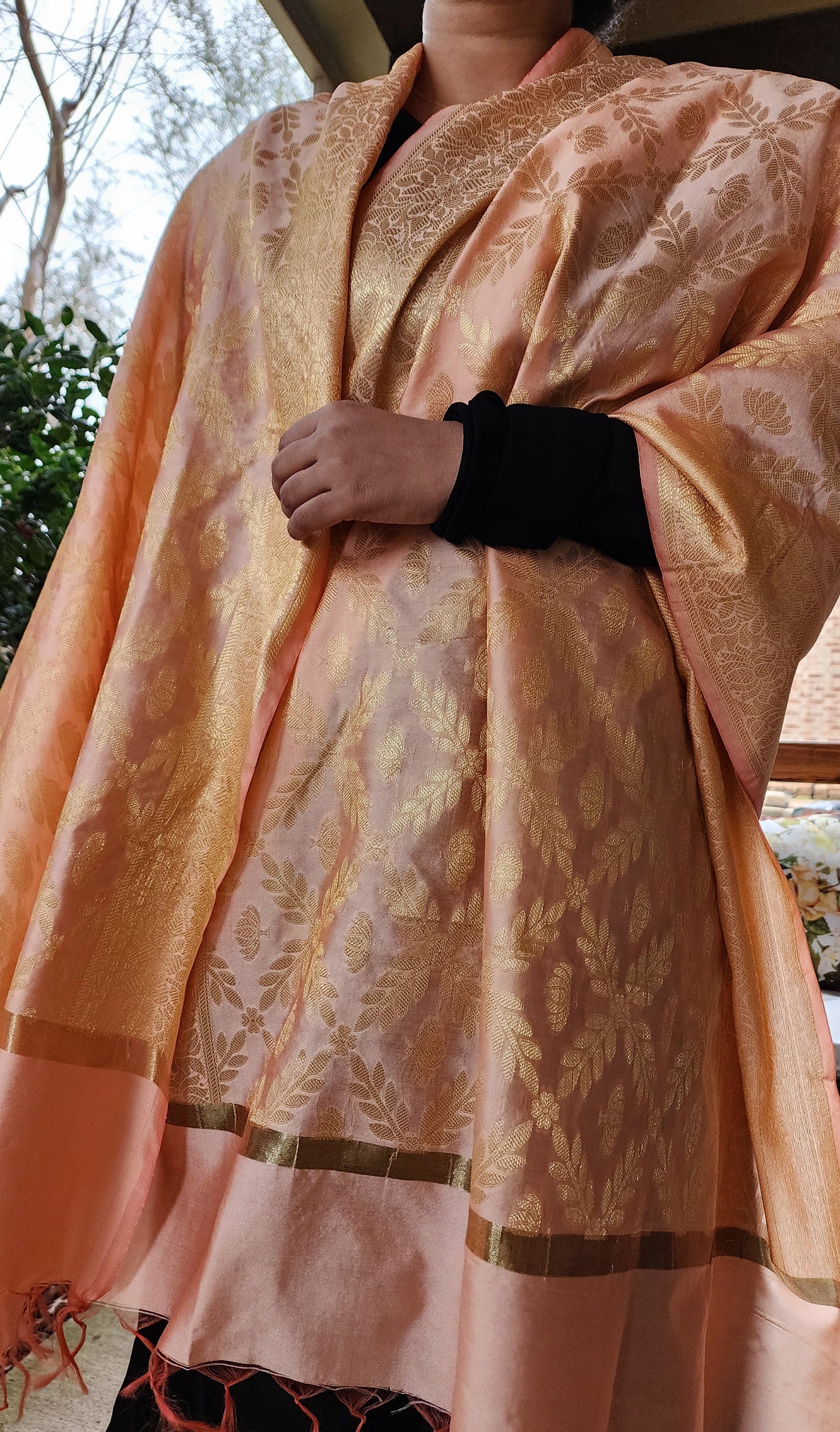 Banarasi Coral Pink Silk Dupatta with gold weaving