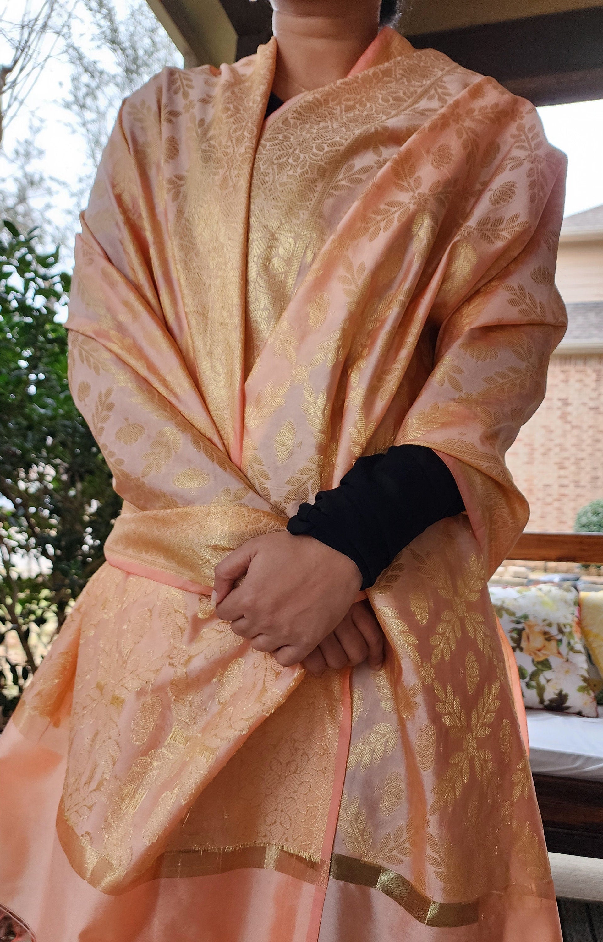 Banarasi Coral Pink Silk Dupatta with gold weaving