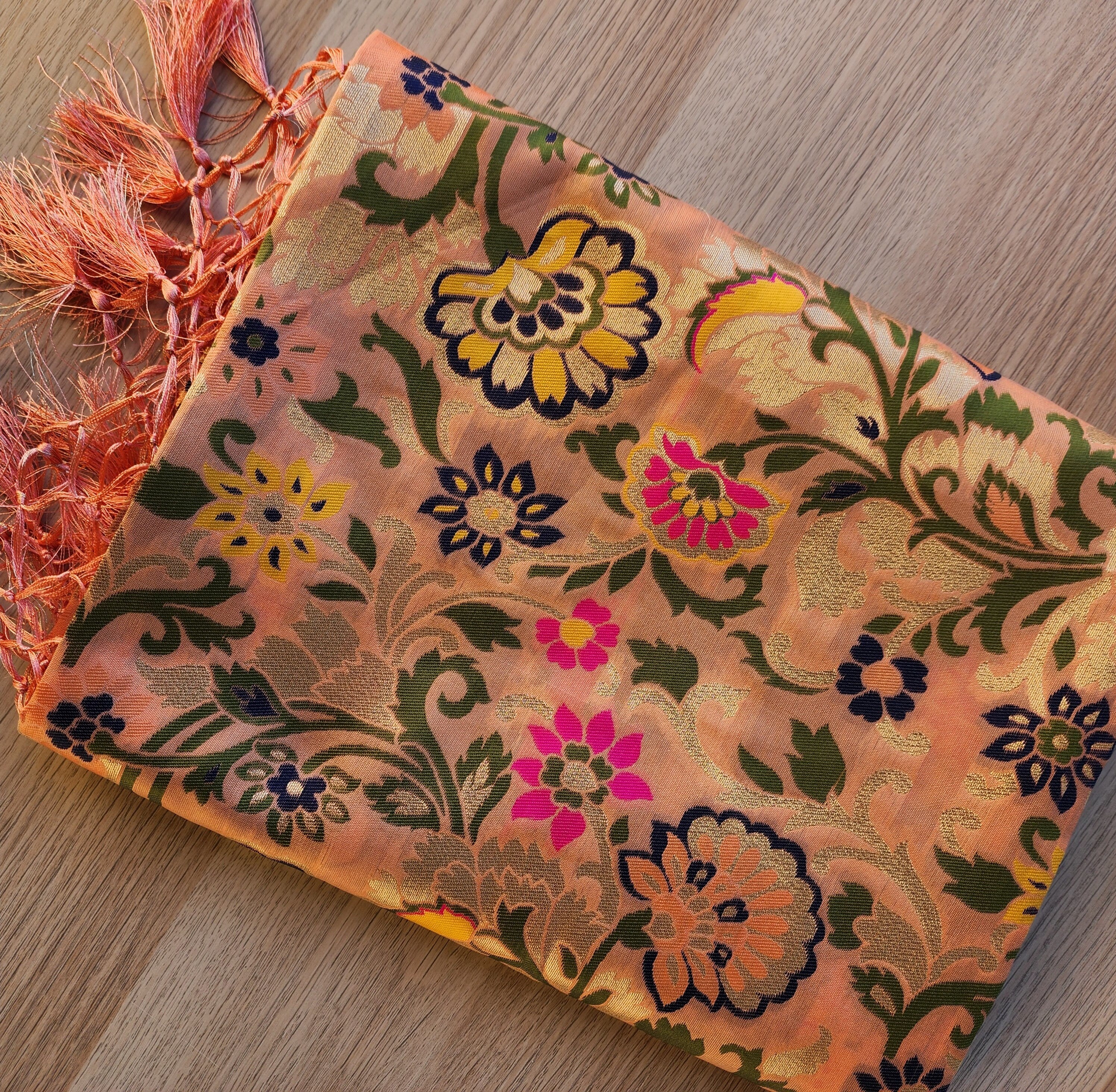 Banarasi Peach Dupatta with gold handweaving, Indian traditional and Festive designer dupatta, luxurious, soft to touch dupatta