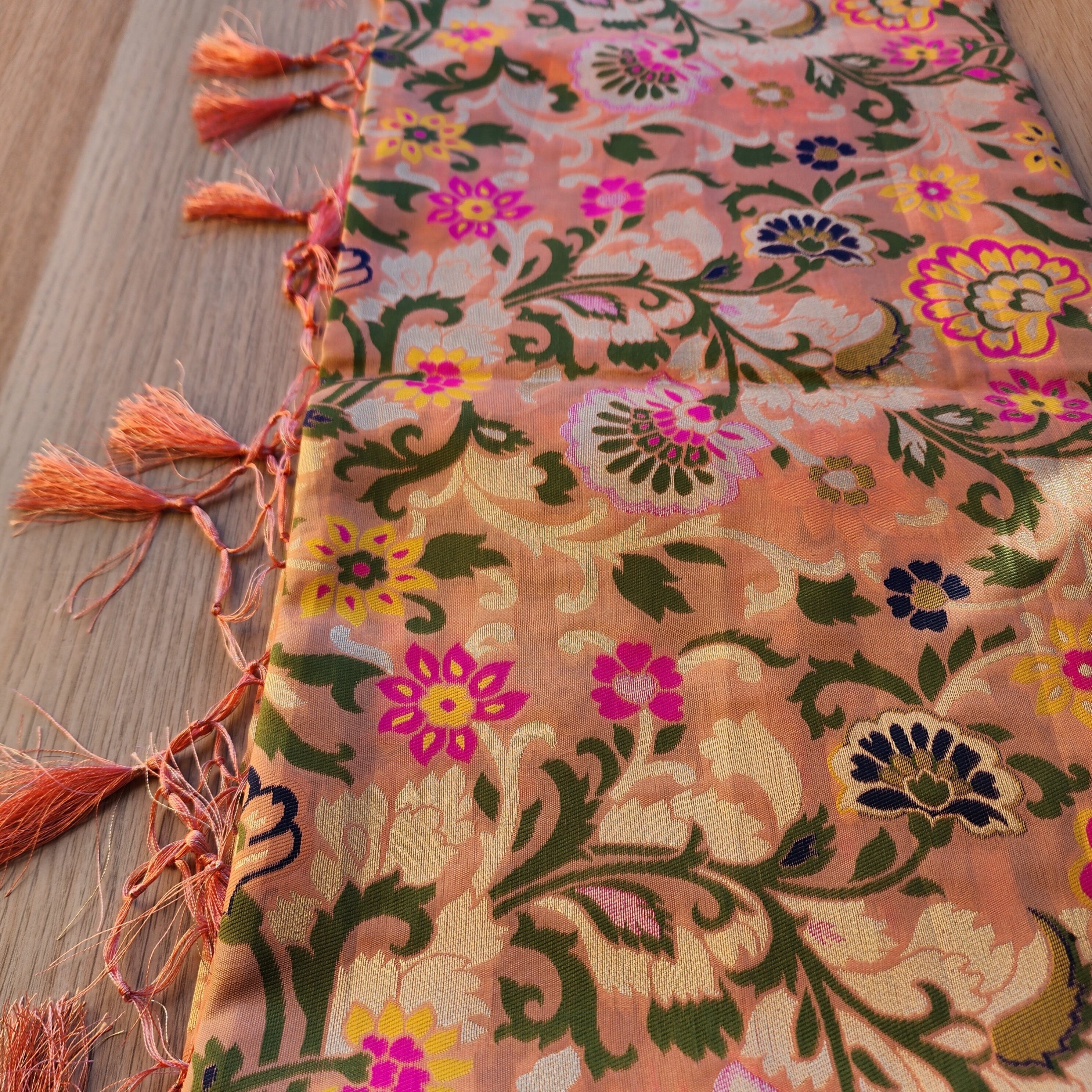 Banarasi Silk Peach Dupatta with Multicolor & Gold Floral Handweaving