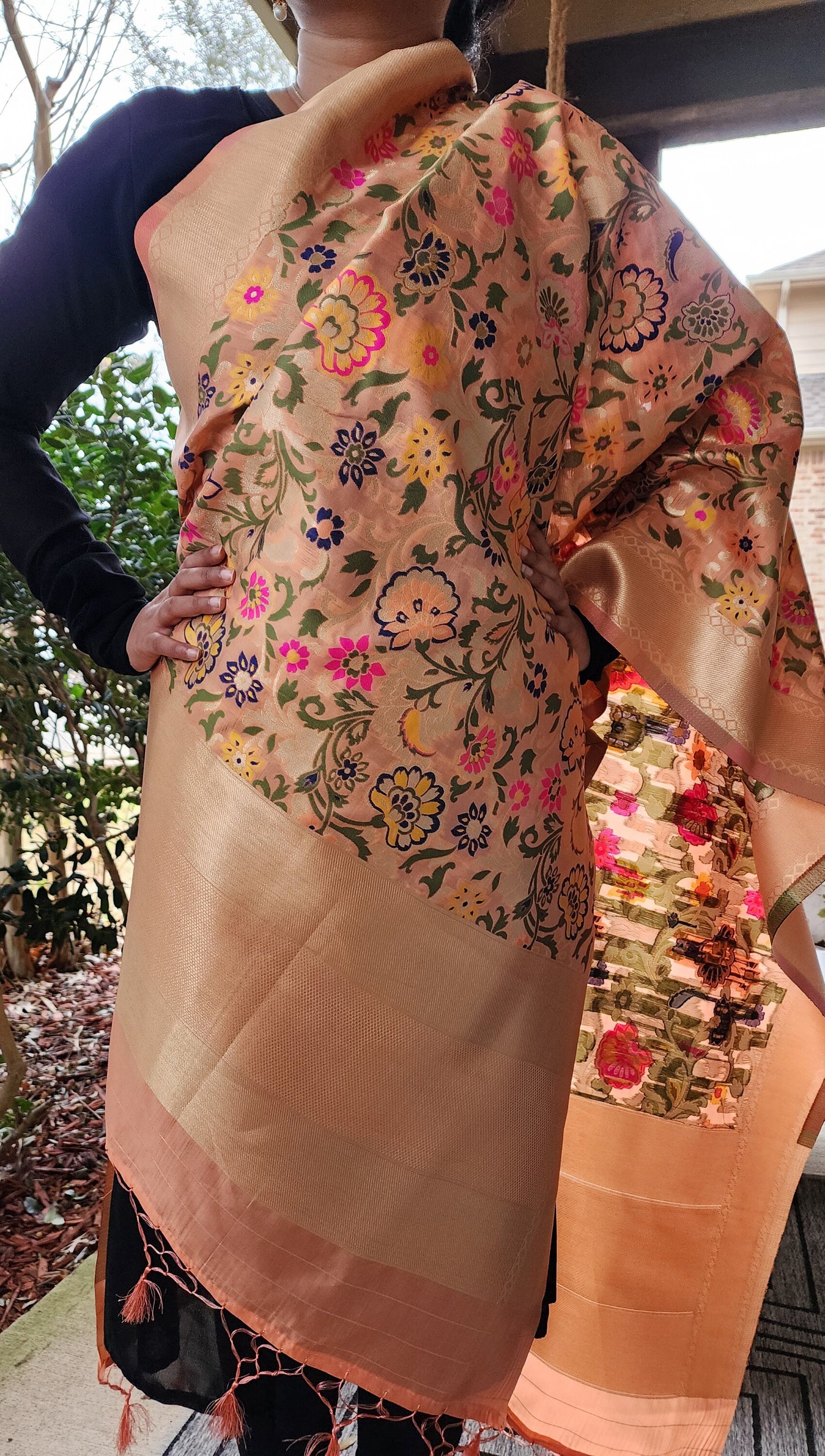 Banarasi Silk Peach Dupatta with Multicolor & Gold Floral Handweaving