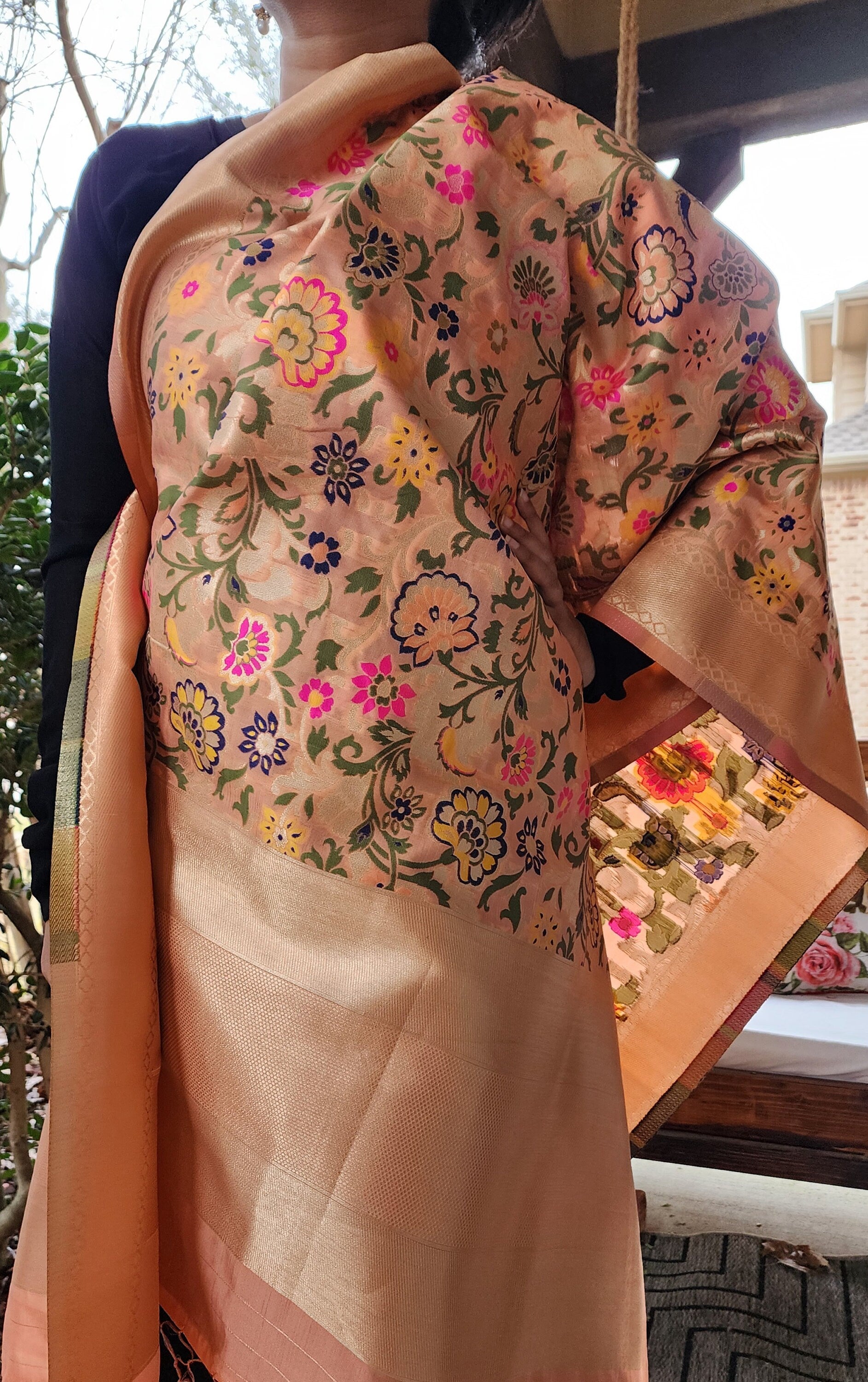 Banarasi Silk Peach Dupatta with Multicolor & Gold Floral Handweaving