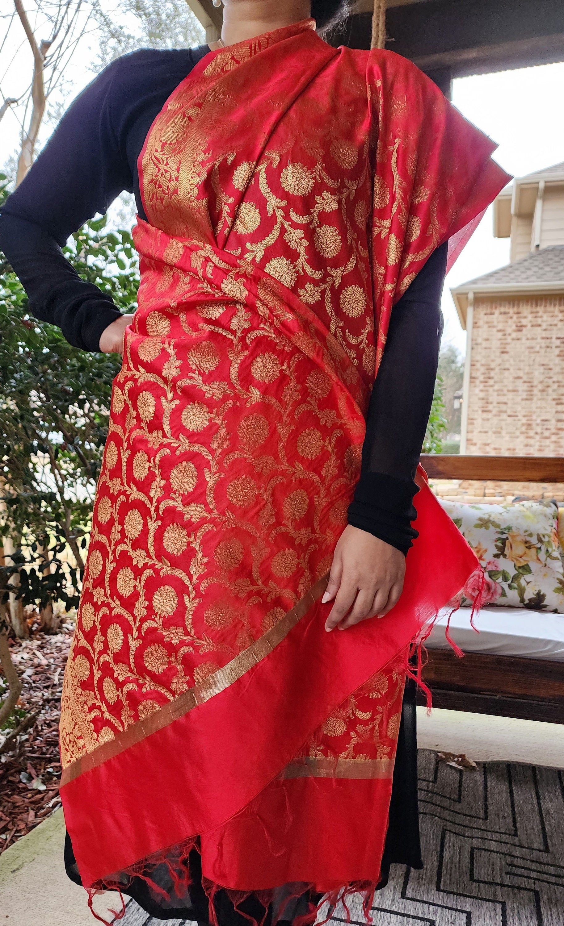 Banarasi Red Silk Dupatta with Gold Weaving and Floral Border