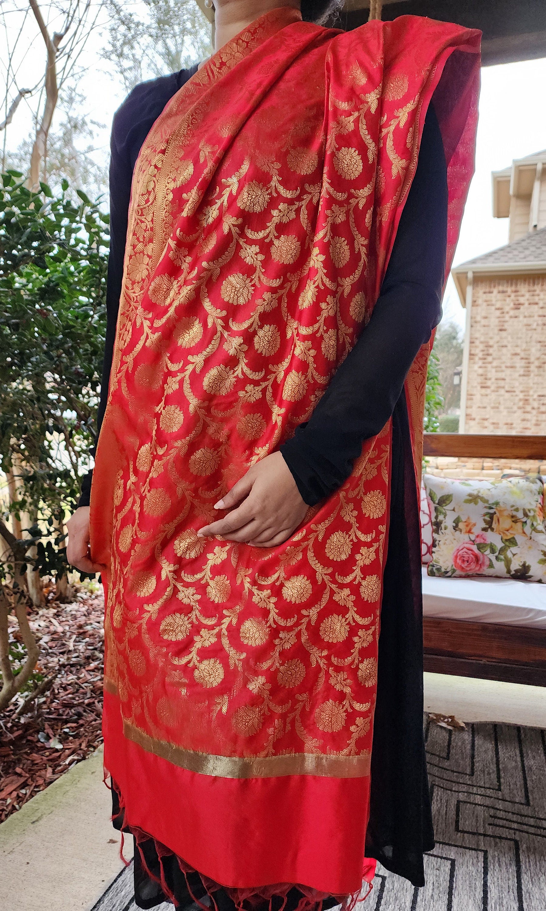 Banarasi Red Silk Dupatta with Gold Weaving and Floral Border