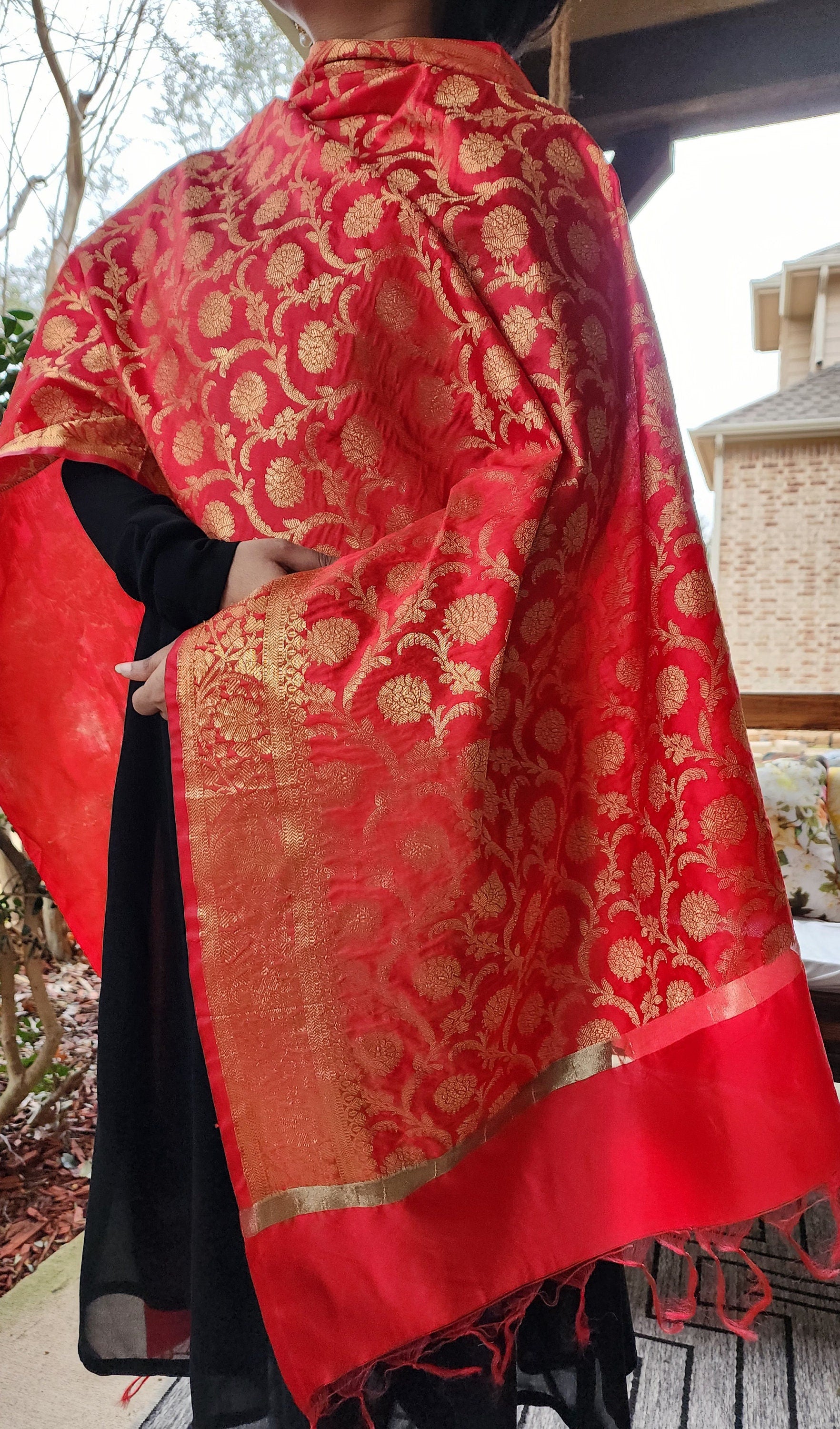Banarasi Red Silk Dupatta with Gold Weaving and Floral Border