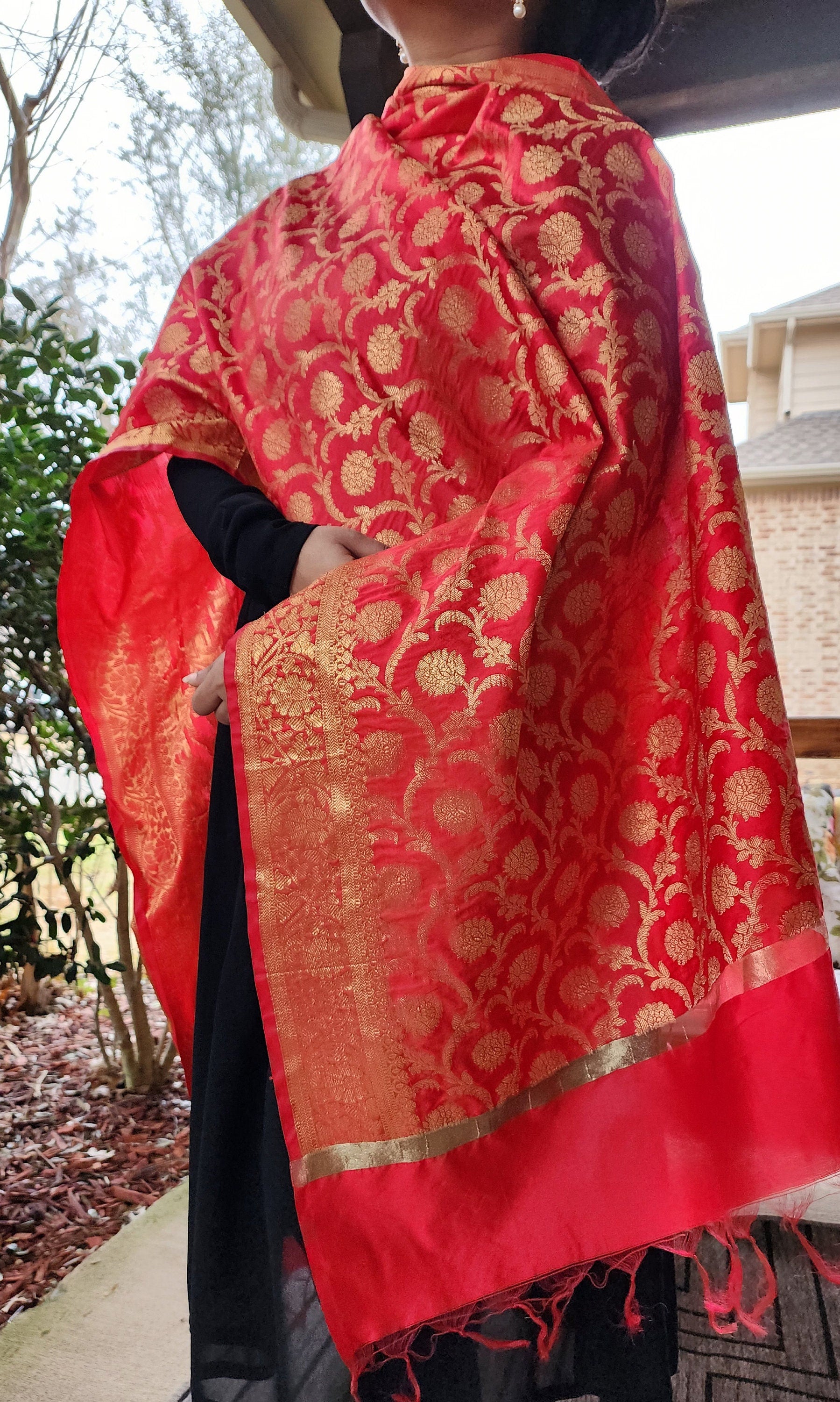 Banarasi Red Silk Dupatta with Gold Weaving and Floral Border