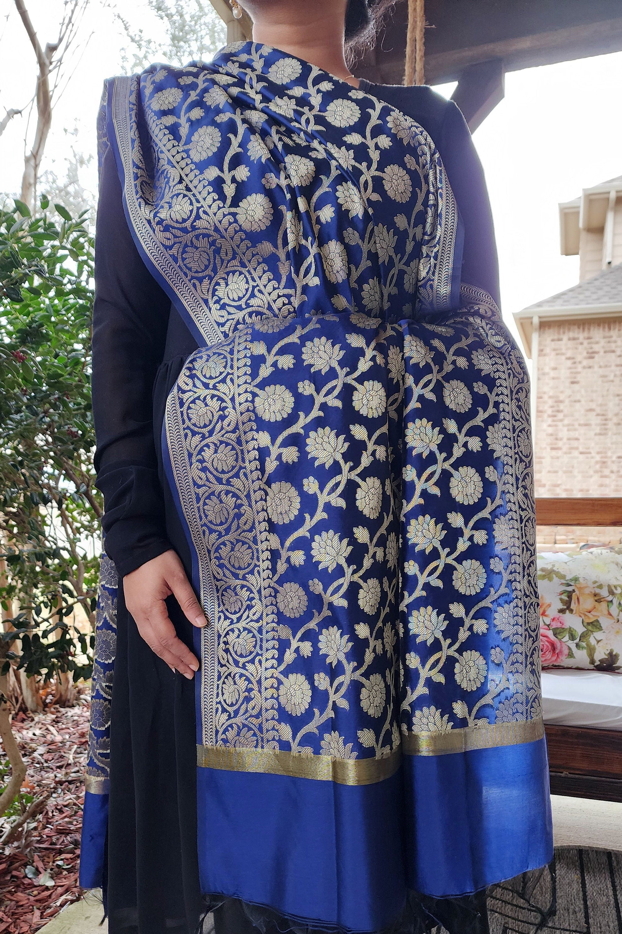Navy Blue Banarasi Silk Dupatta with Floral Kairi Border