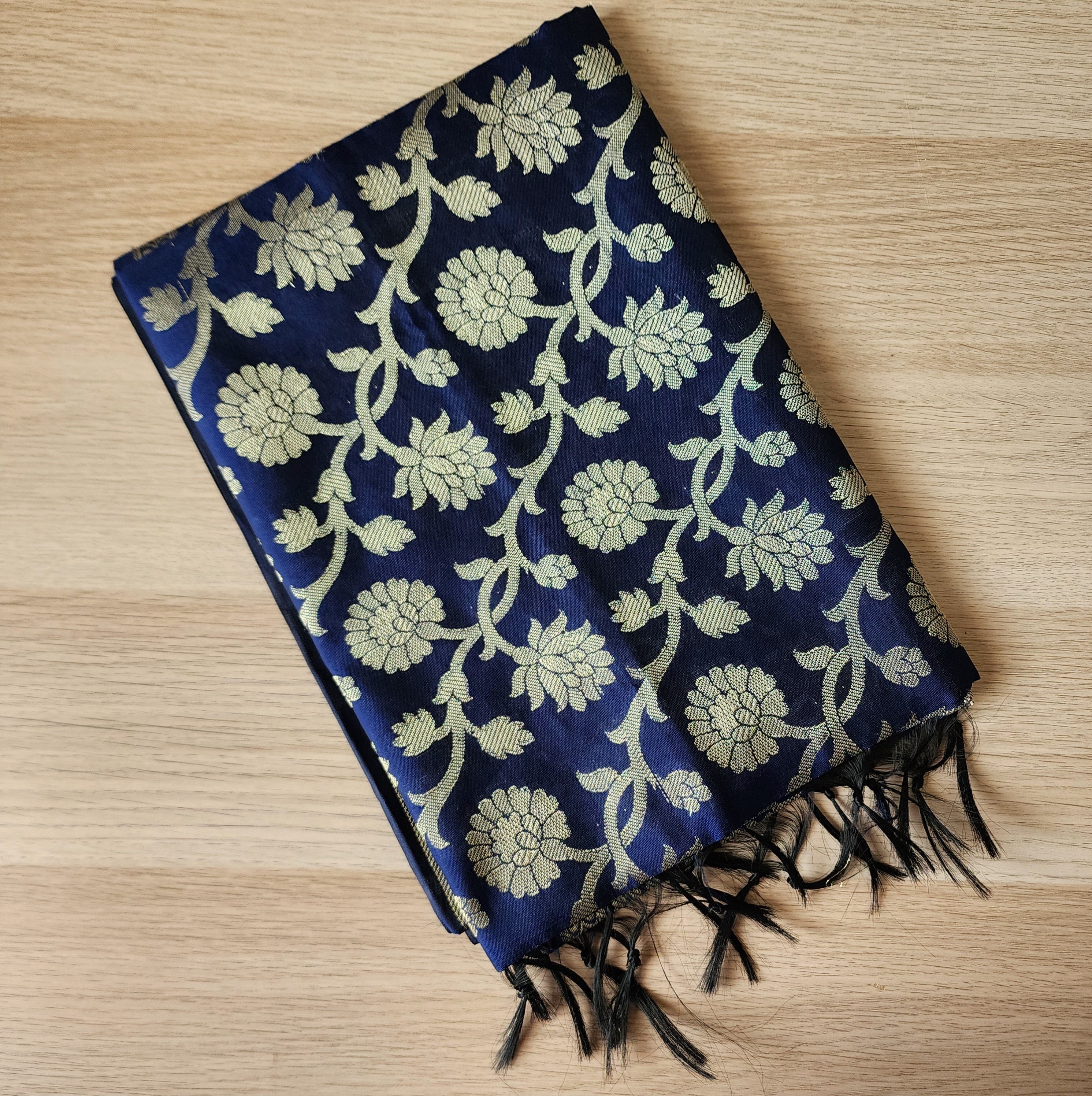 Navy Blue Banarasi Silk Dupatta with Floral Kairi Border
