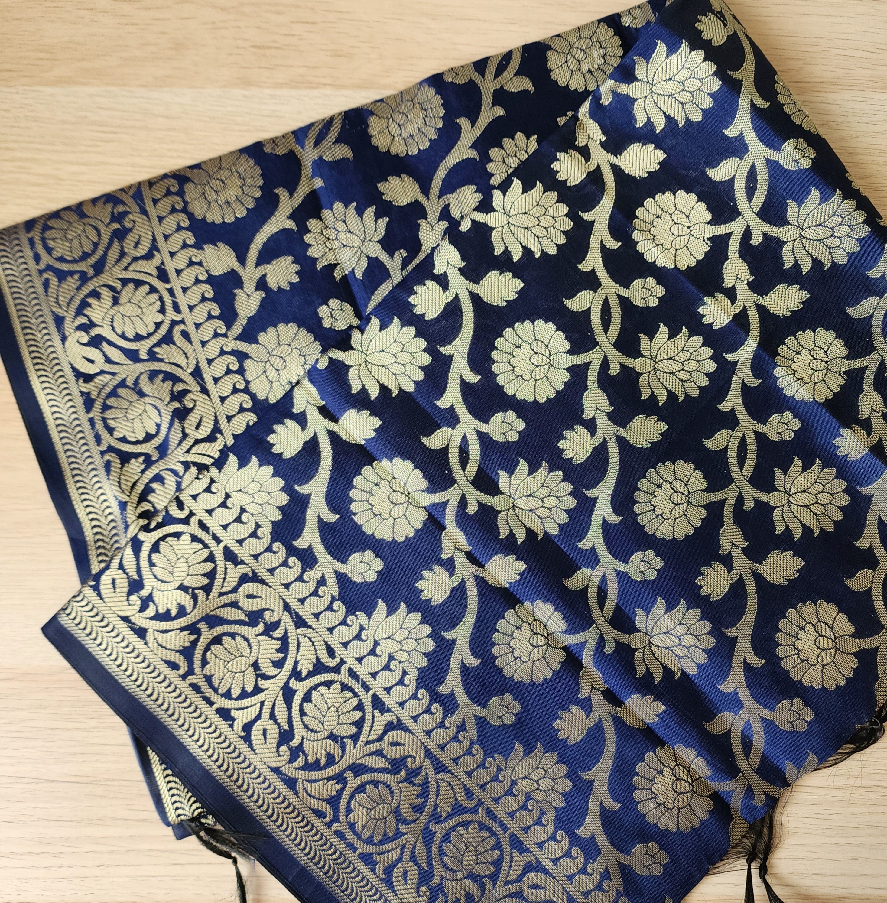 Navy Blue Banarasi Silk Dupatta with Floral Kairi Border