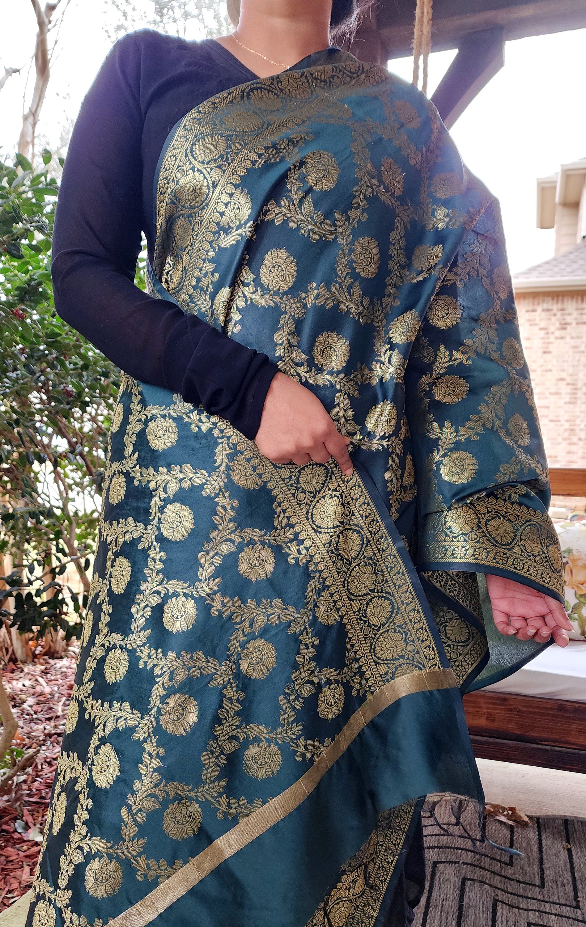 Banarasi Silk Dupatta with Gold Weaving - Bottle Green