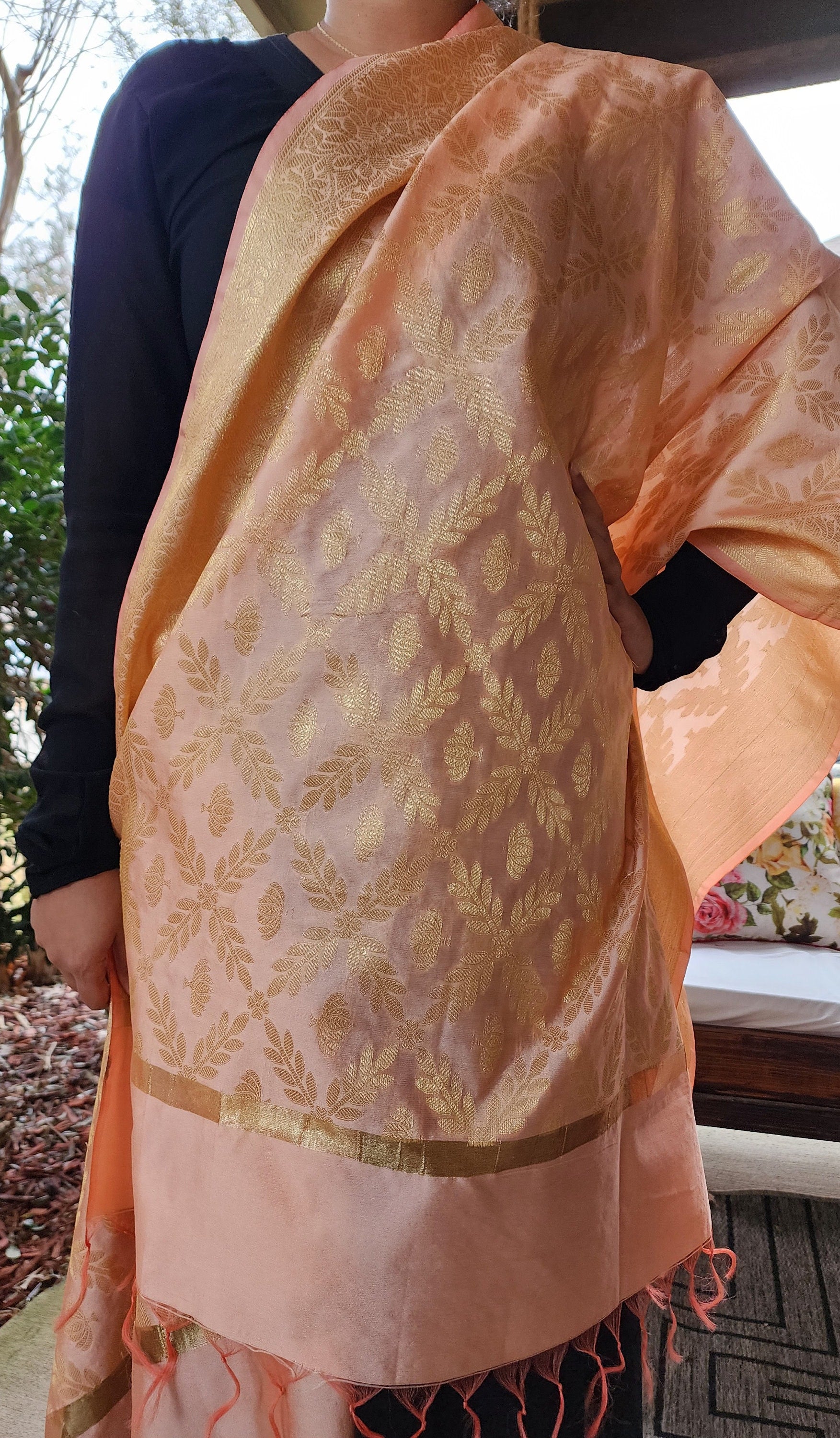 Banarasi Coral Pink Silk Dupatta with gold weaving