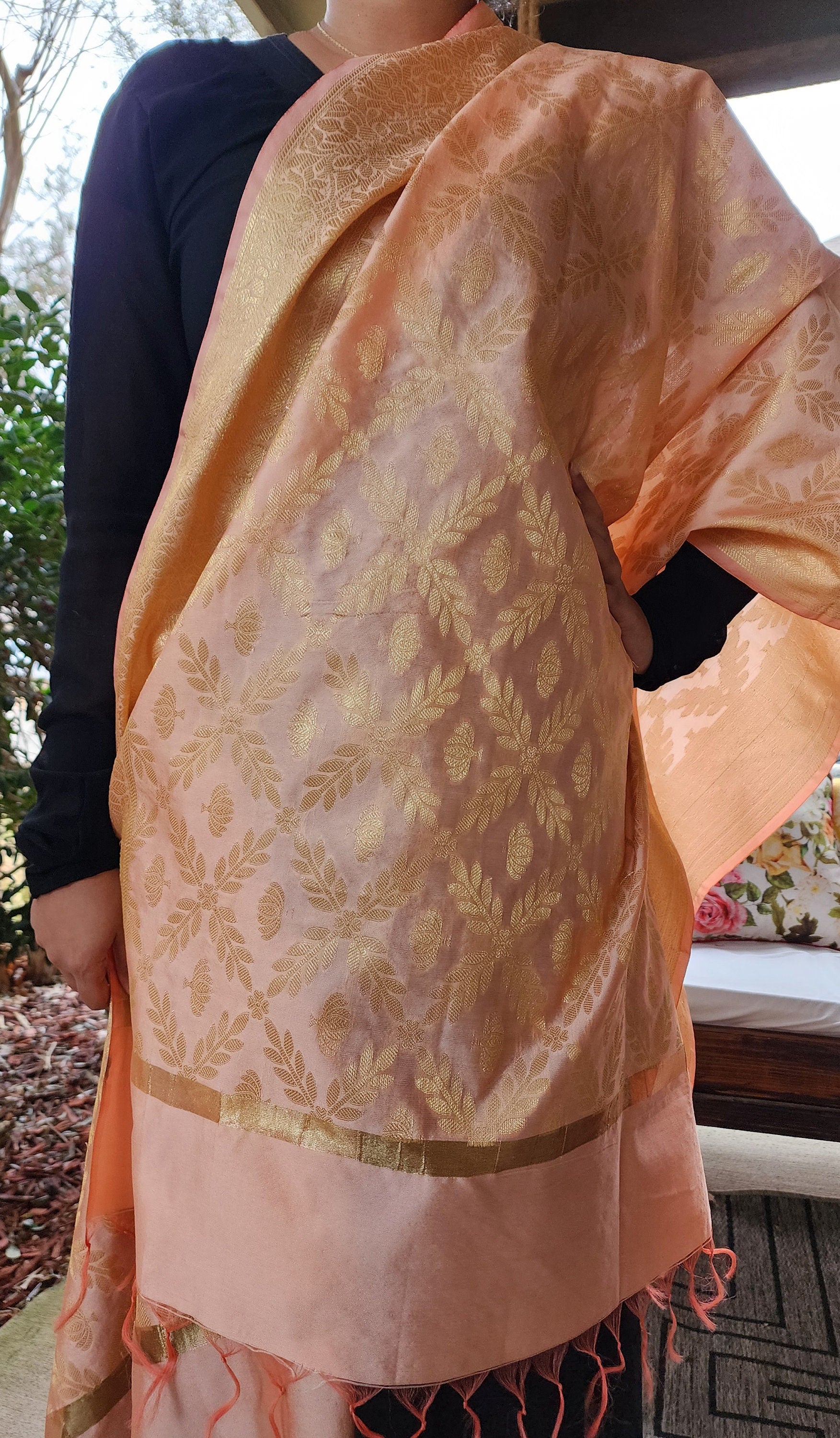 Banarasi Coral Pink Silk Dupatta with gold weaving