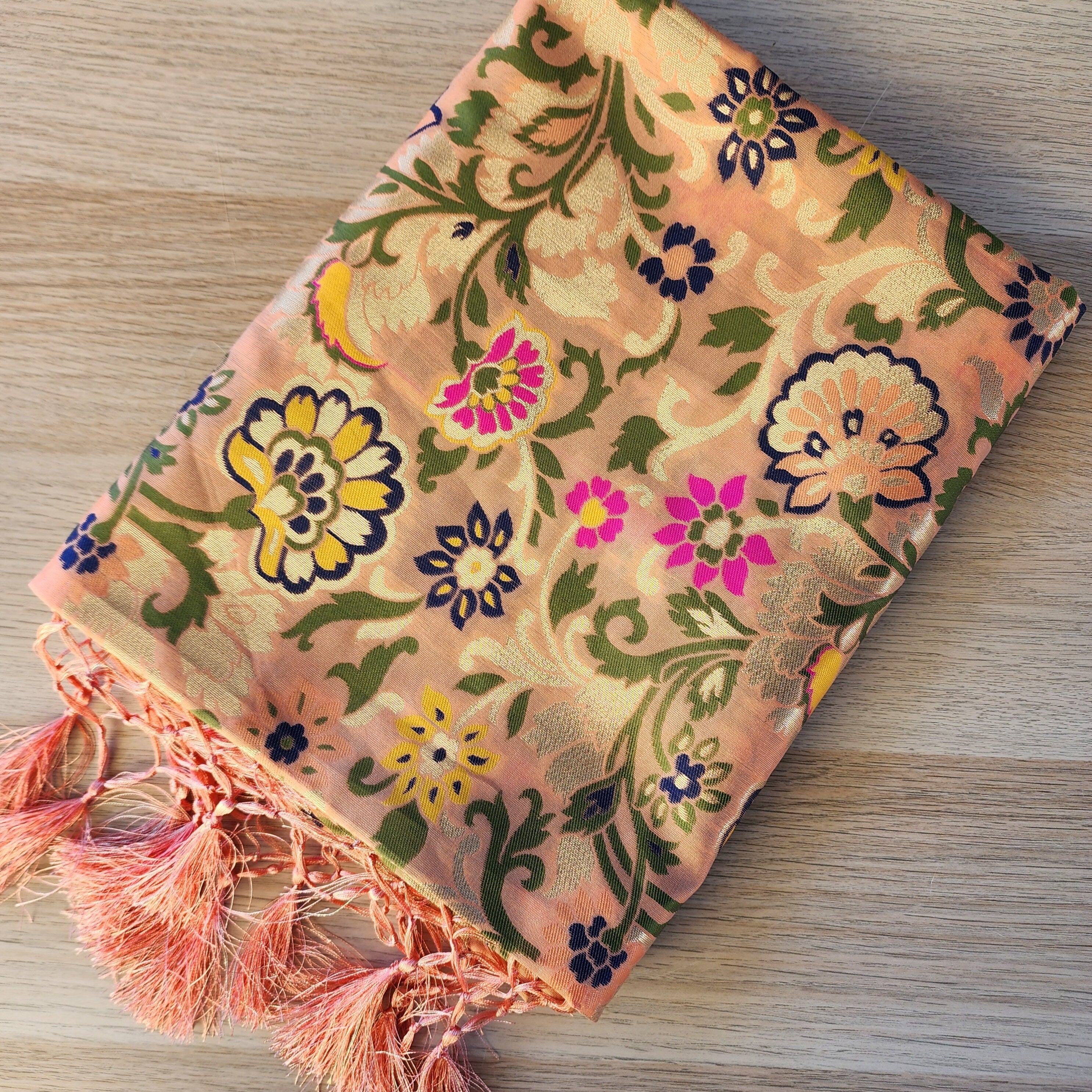 Banarasi Silk Peach Dupatta with Multicolor & Gold Floral Handweaving