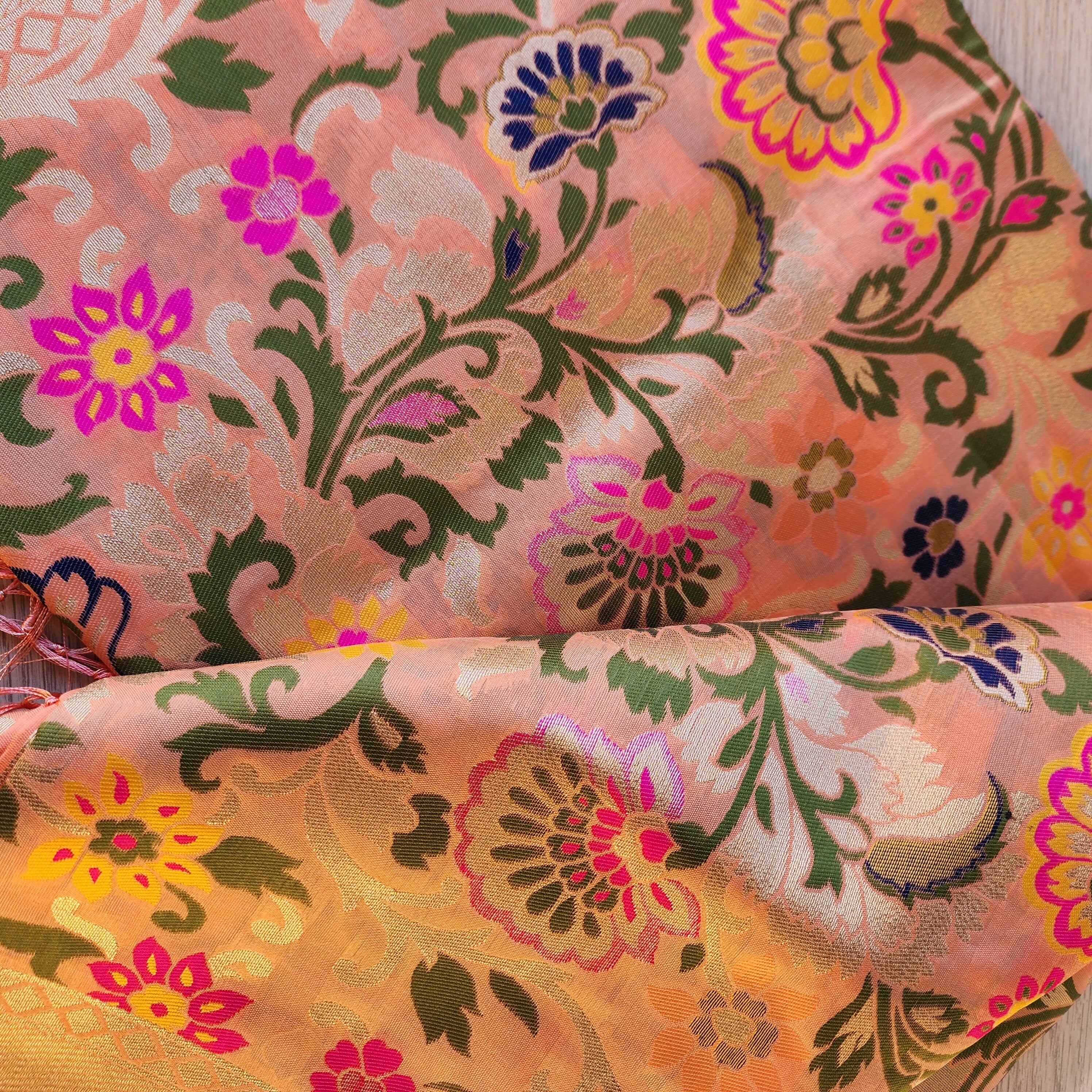 Banarasi Silk Peach Dupatta with Multicolor & Gold Floral Handweaving