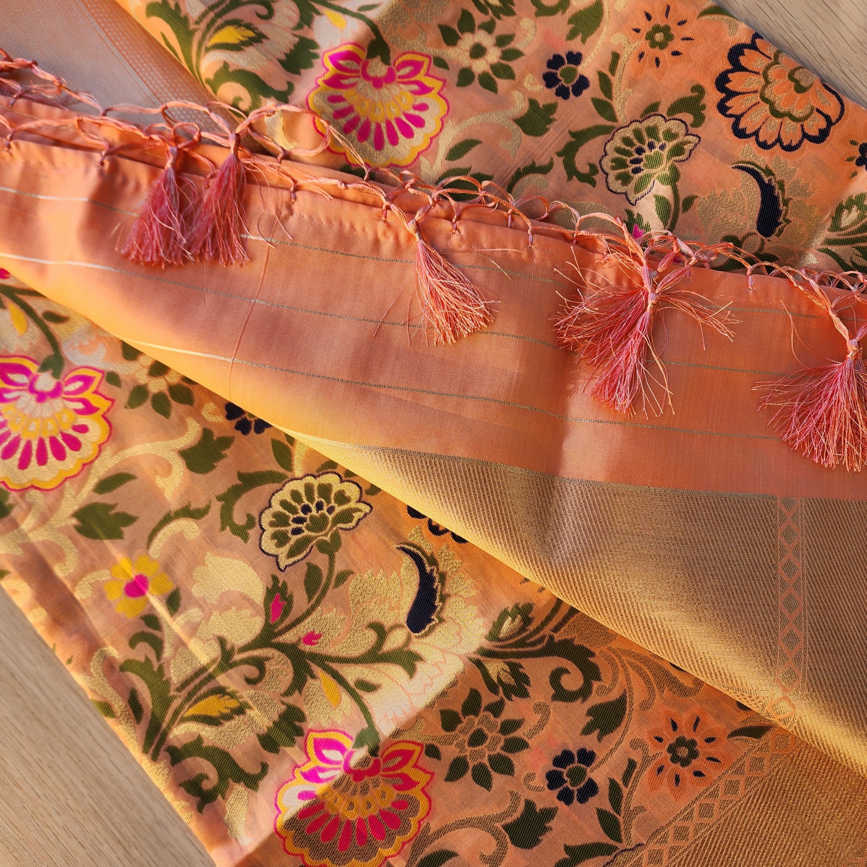 Banarasi Peach Dupatta with gold handweaving, Indian traditional and Festive designer dupatta, luxurious, soft to touch dupatta