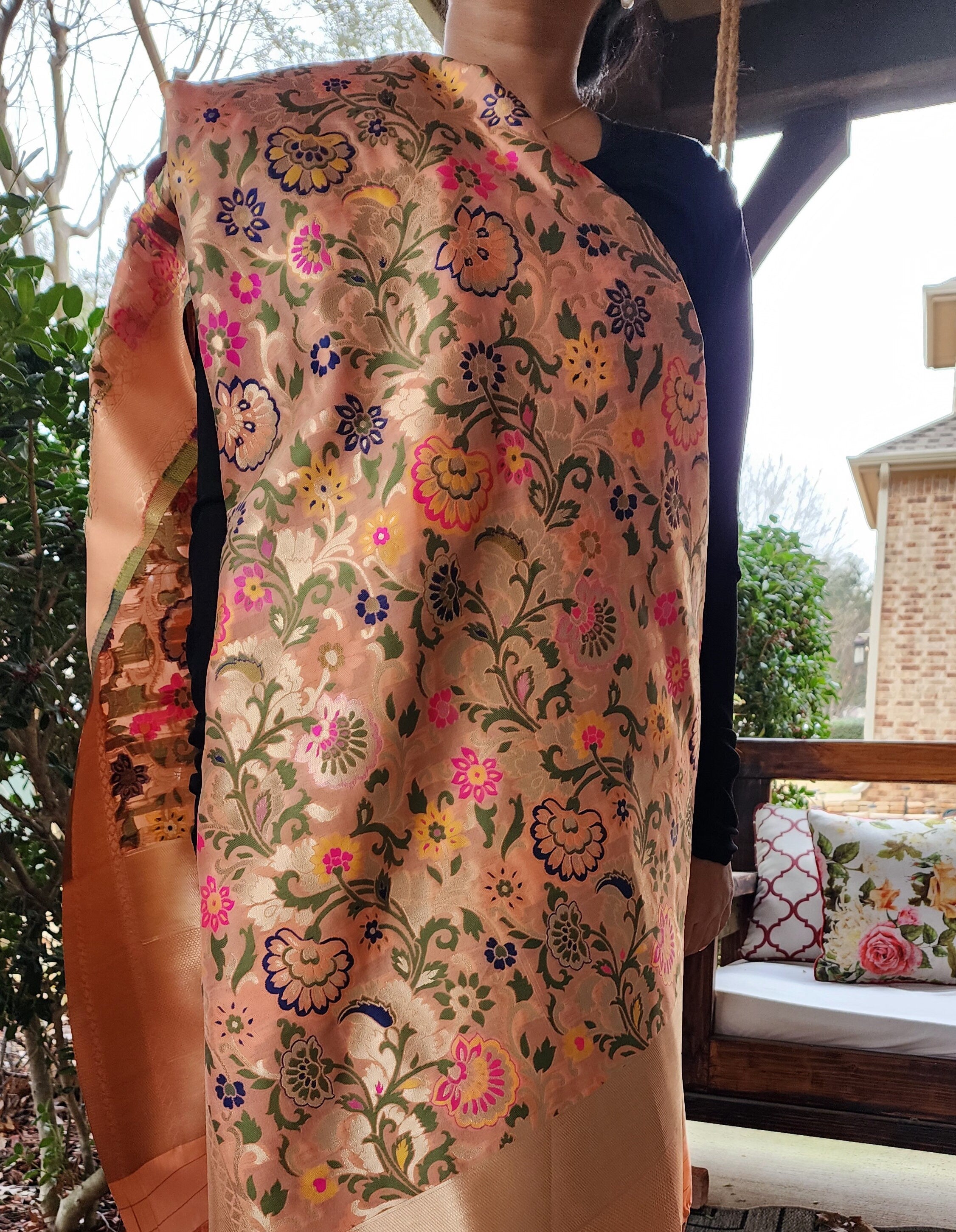 Banarasi Silk Peach Dupatta with Multicolor & Gold Floral Handweaving
