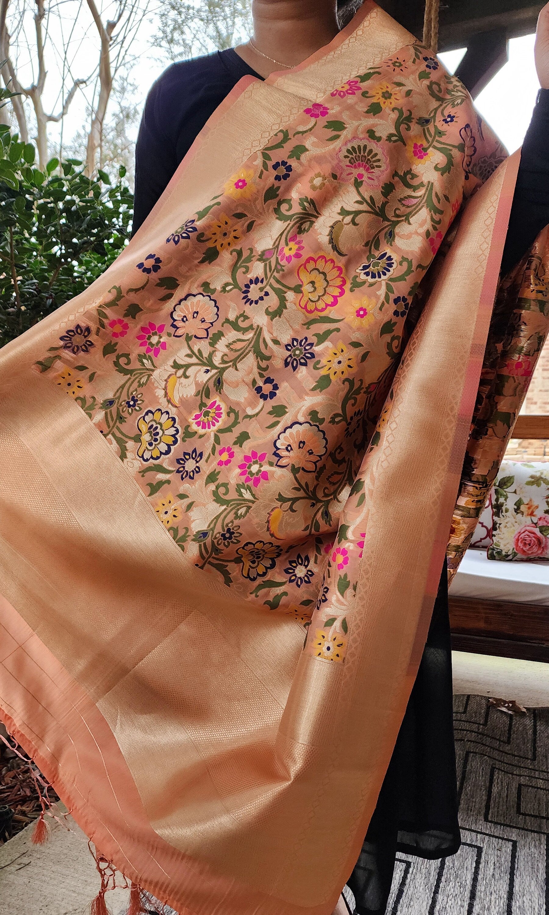 Banarasi Silk Peach Dupatta with Multicolor & Gold Floral Handweaving