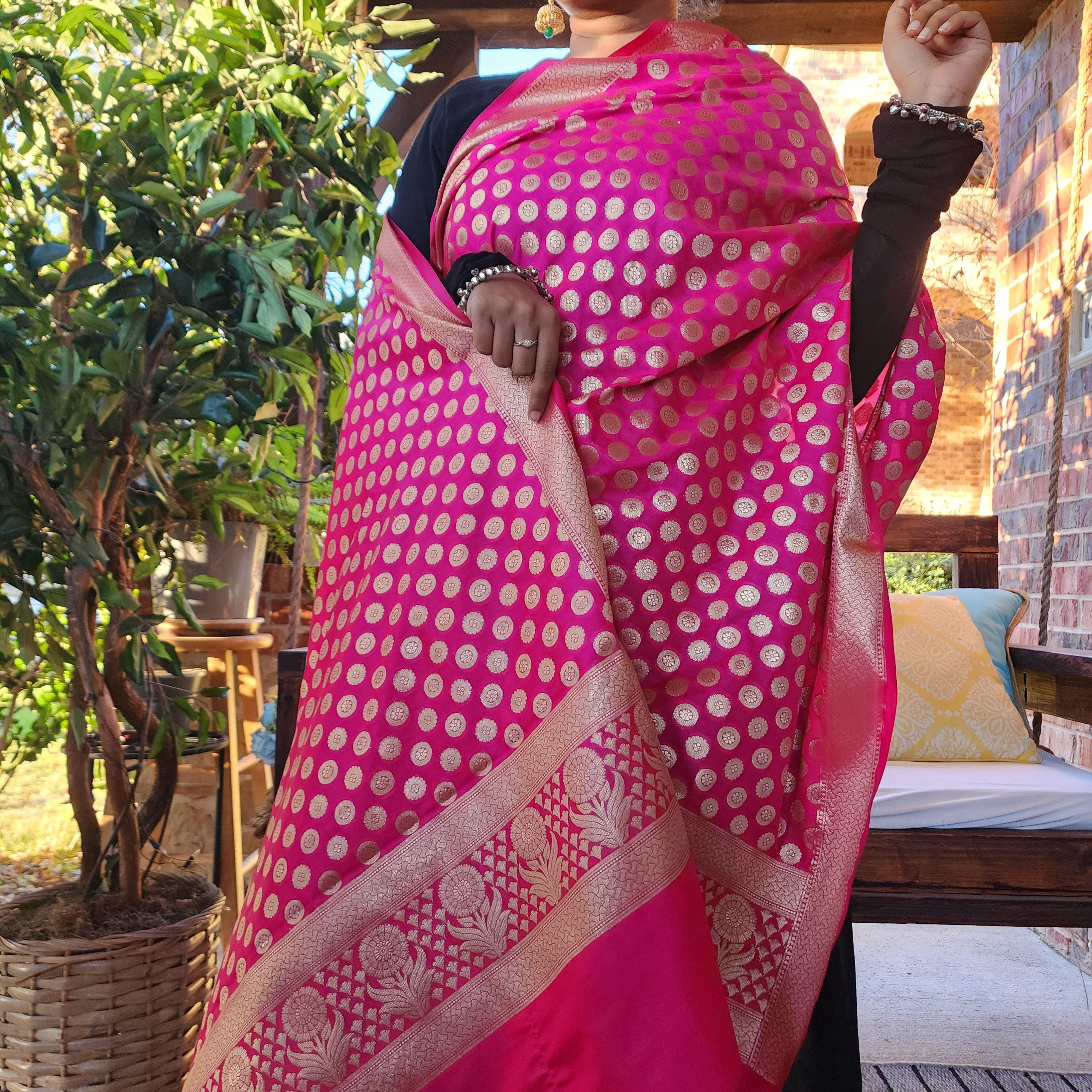 Banarasi Silk Rani Pink Dupatta with gold handweaving, Indian traditional and Festive designer dupatta, luxurious soft Banarsi dupatta