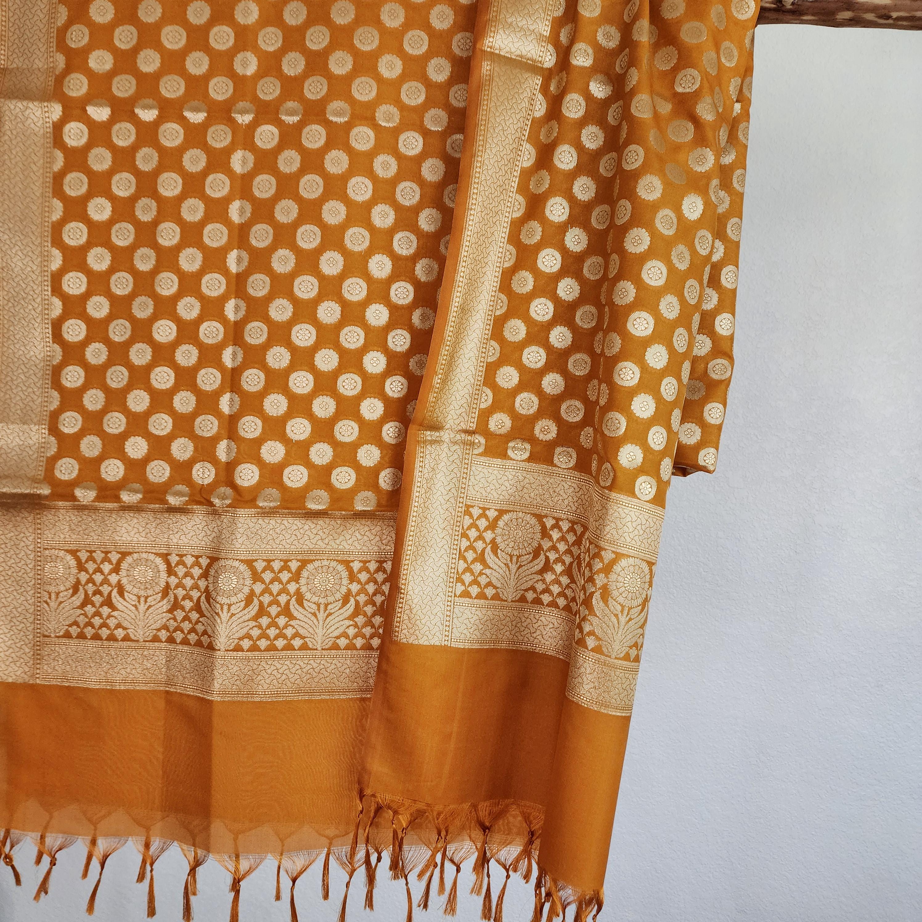 Banarasi Silk Mustard Yellow Dupatta with gold handweaving, Indian traditional and Festive designer dupatta, luxurious soft Banarsi dupatta