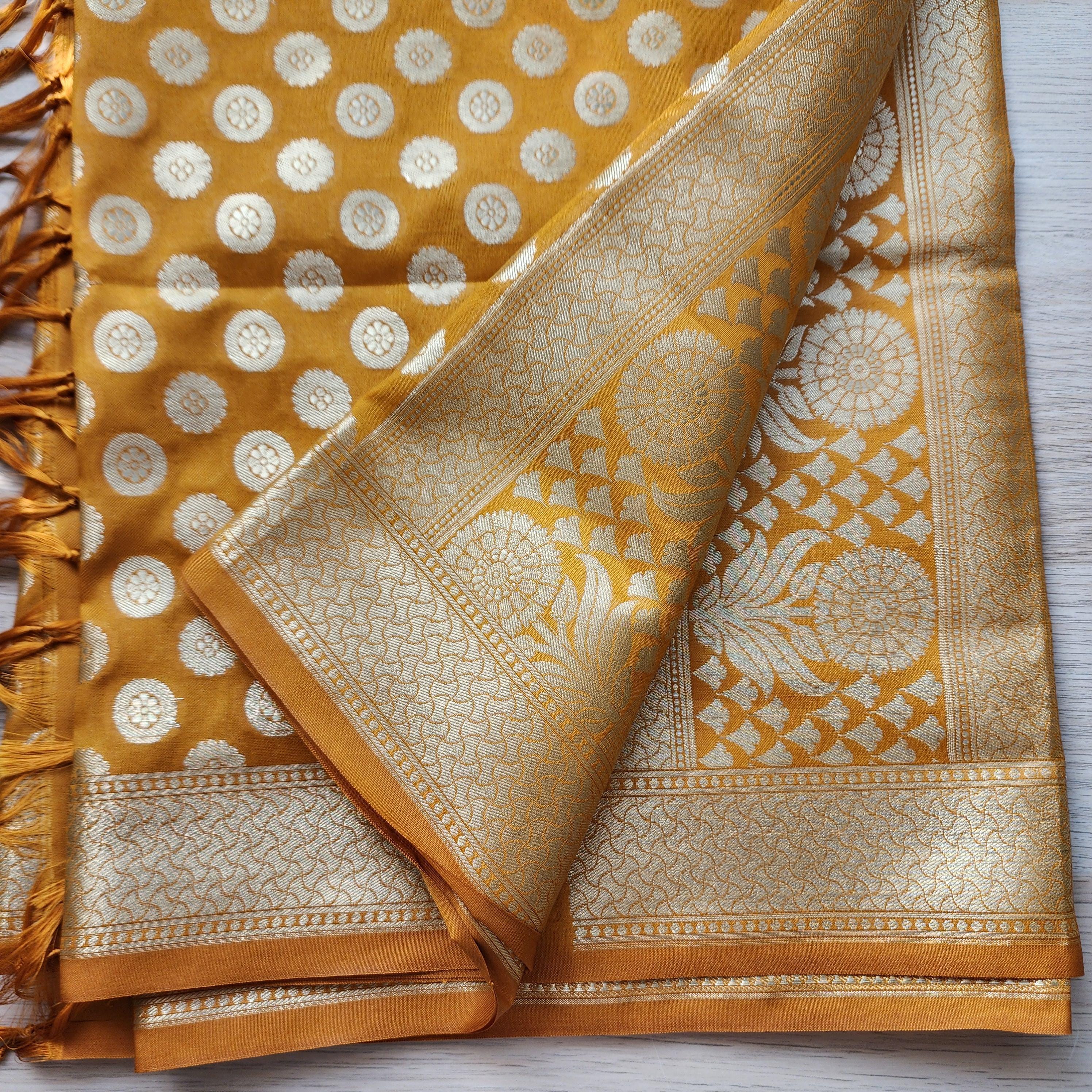 Banarasi Silk Mustard Yellow Dupatta with gold handweaving, Indian traditional and Festive designer dupatta, luxurious soft Banarsi dupatta