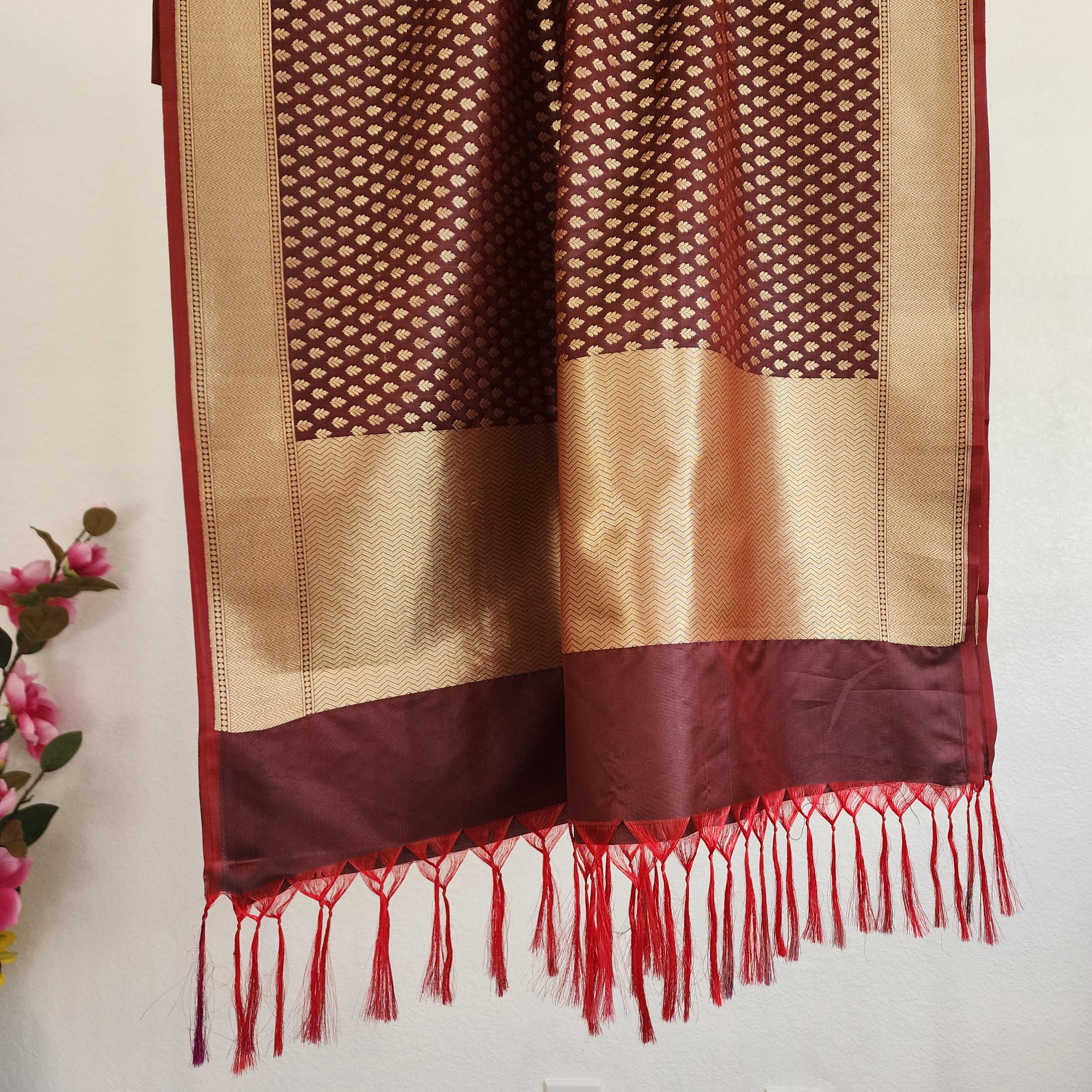 Banarasi Silk Brown Dupatta with gold handweaving, Indian traditional and Festive designer dupatta, luxurious soft Banarsi dupatta