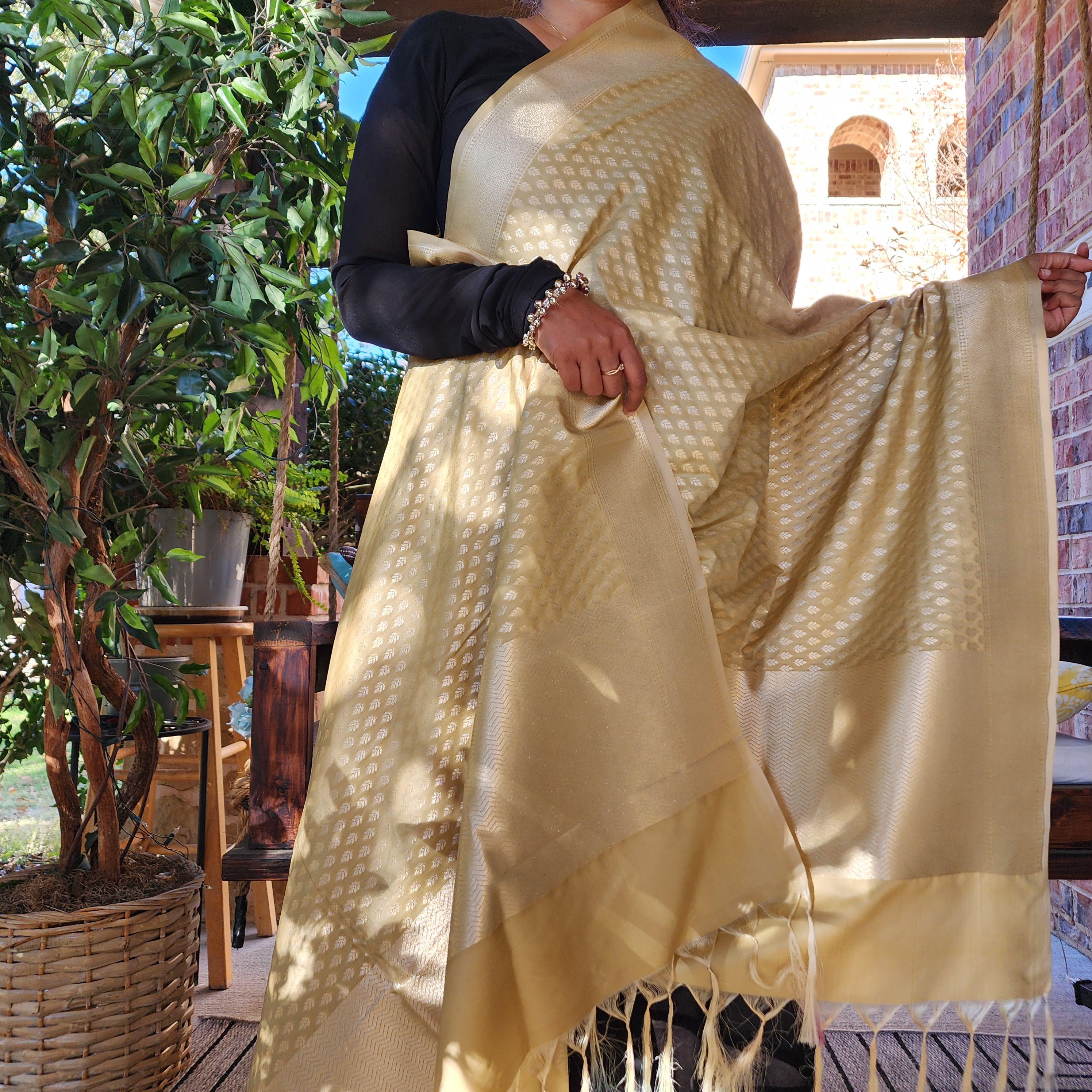 Banarasi Silk Biege Dupatta with gold handweaving, Indian traditional and Festive designer dupatta, luxurious soft Banarsi dupatta