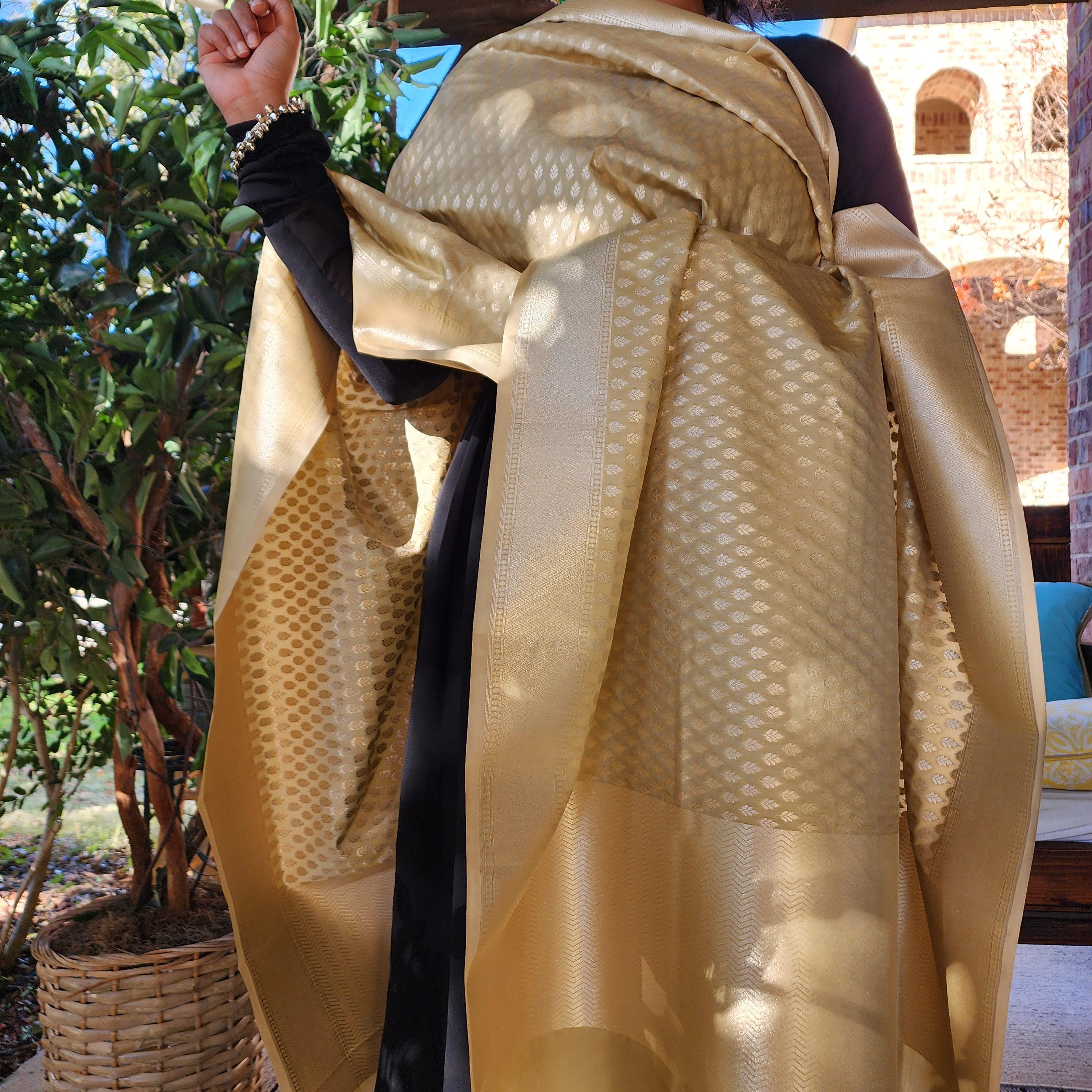 Banarasi Silk Biege Dupatta with gold handweaving, Indian traditional and Festive designer dupatta, luxurious soft Banarsi dupatta