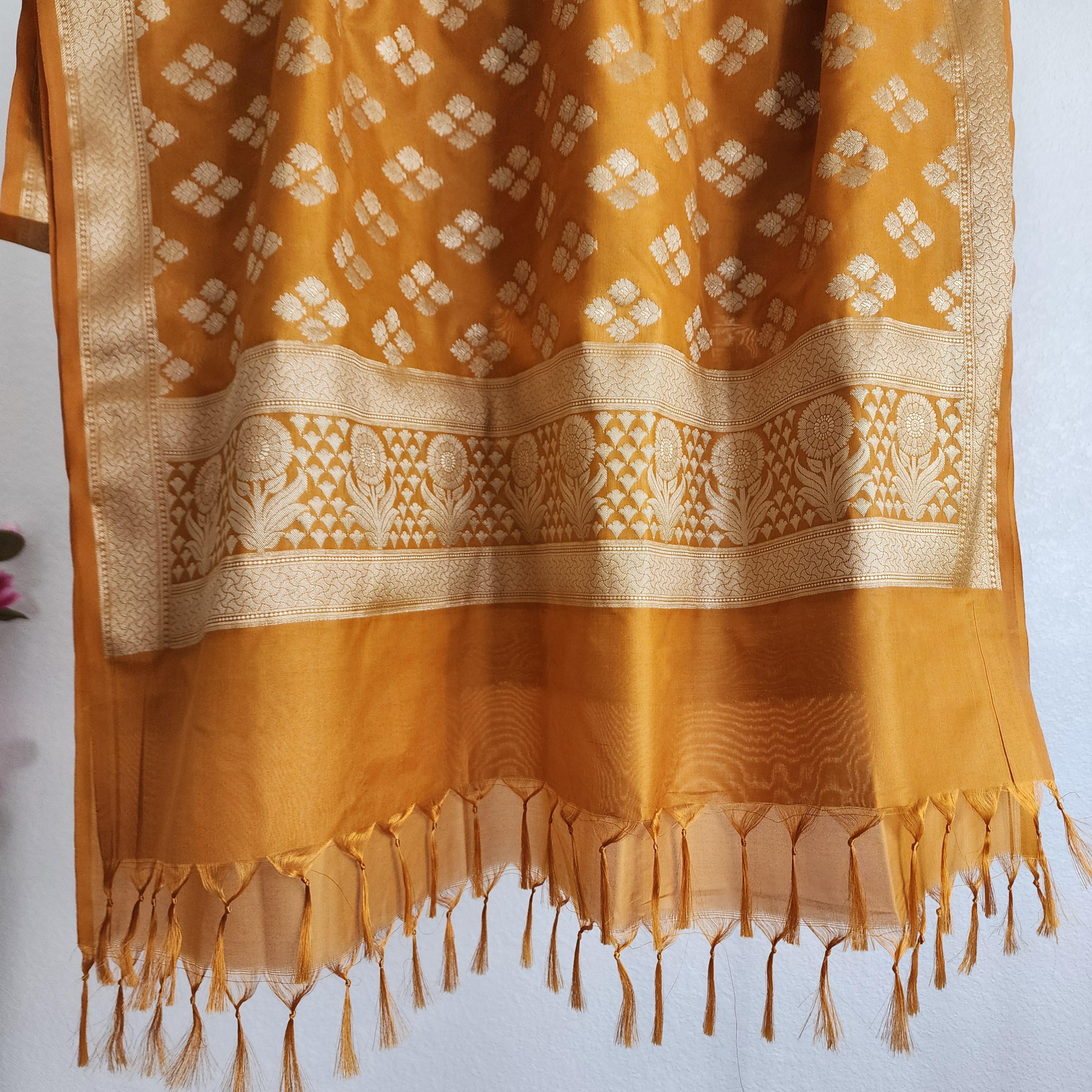 Banarasi Silk Mustard Yellow Dupatta with gold handweaving, Indian traditional and Festive designer dupatta, luxurious soft Banarsi dupatta