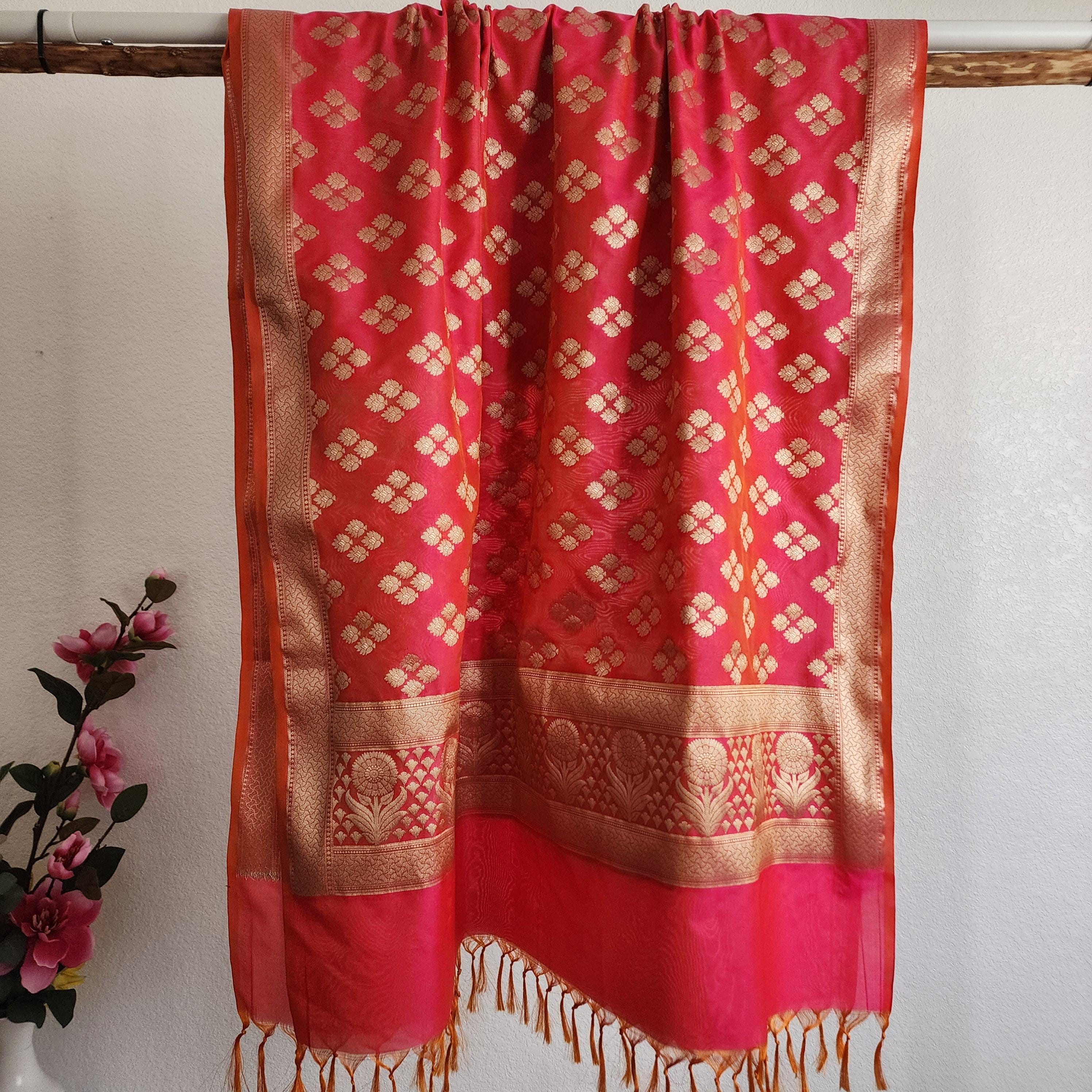 Banarasi Silk Peach Pink Dupatta with gold handweaving, Indian traditional and Festive designer dupatta, luxurious soft Banarsi dupatta