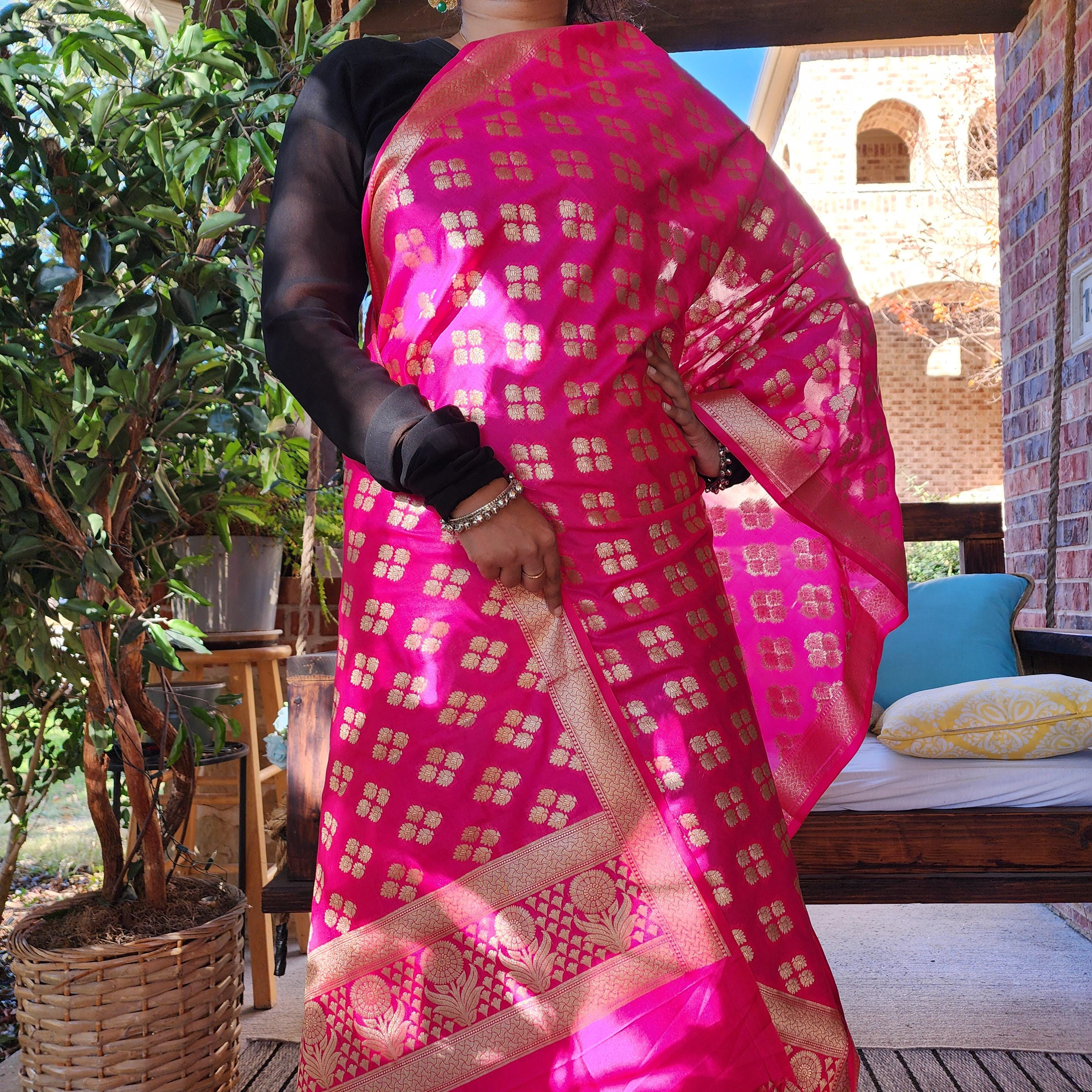 Banarasi Silk Rani Pink Color Dupatta with gold handweaving, Indian traditional and Festive designer dupatta, luxurious soft Banarsi dupatta