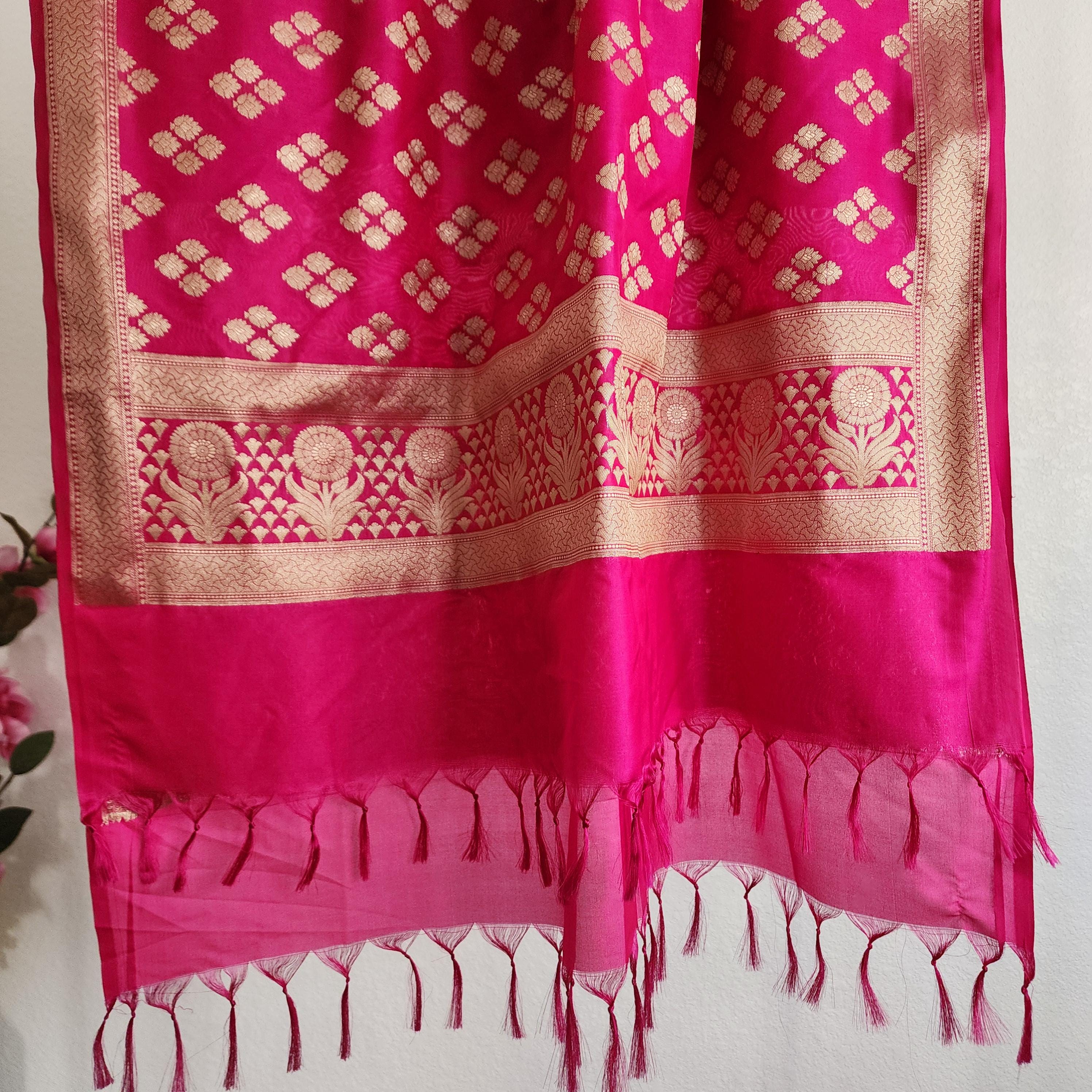 Banarasi Silk Rani Pink Color Dupatta with gold handweaving, Indian traditional and Festive designer dupatta, luxurious soft Banarsi dupatta