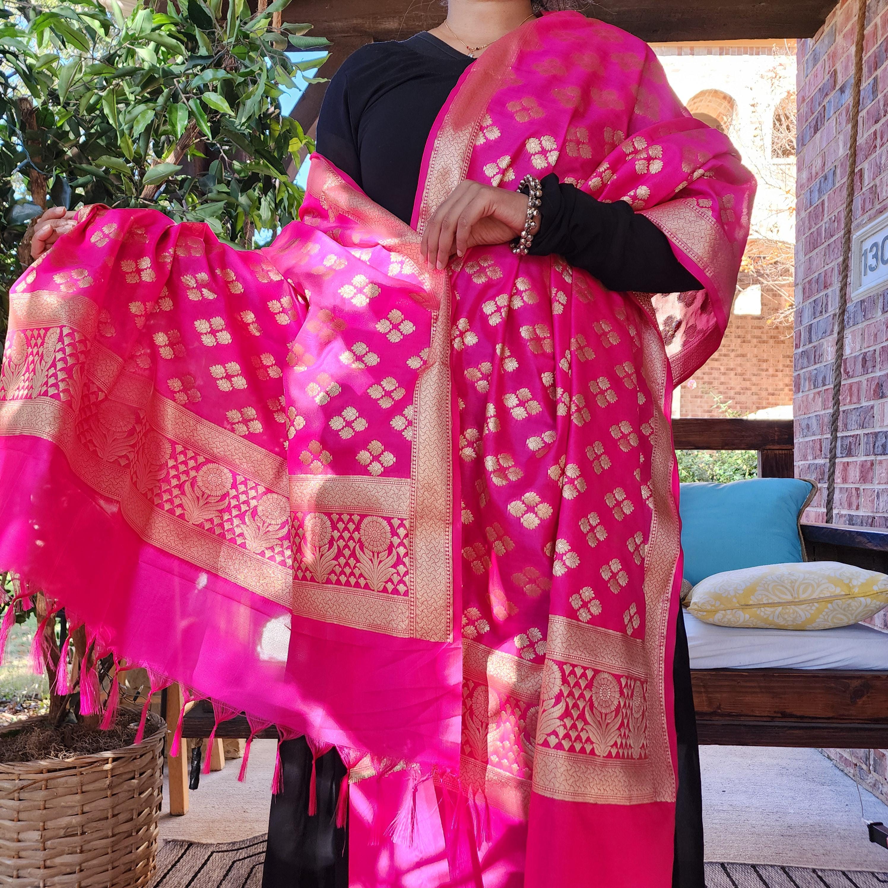 Banarasi Silk Rani Pink Color Dupatta with gold handweaving, Indian traditional and Festive designer dupatta, luxurious soft Banarsi dupatta