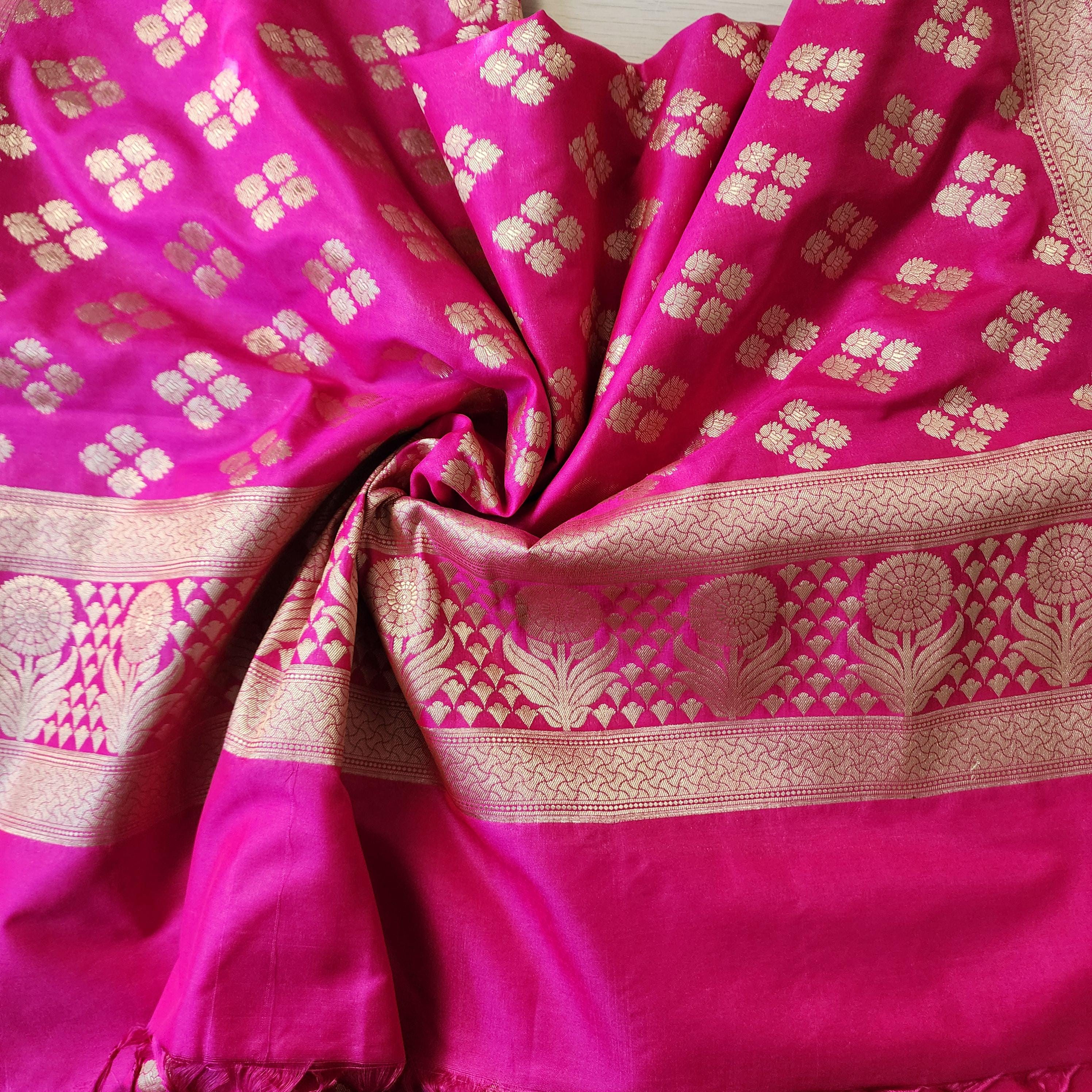 Banarasi Silk Rani Pink Color Dupatta with gold handweaving, Indian traditional and Festive designer dupatta, luxurious soft Banarsi dupatta