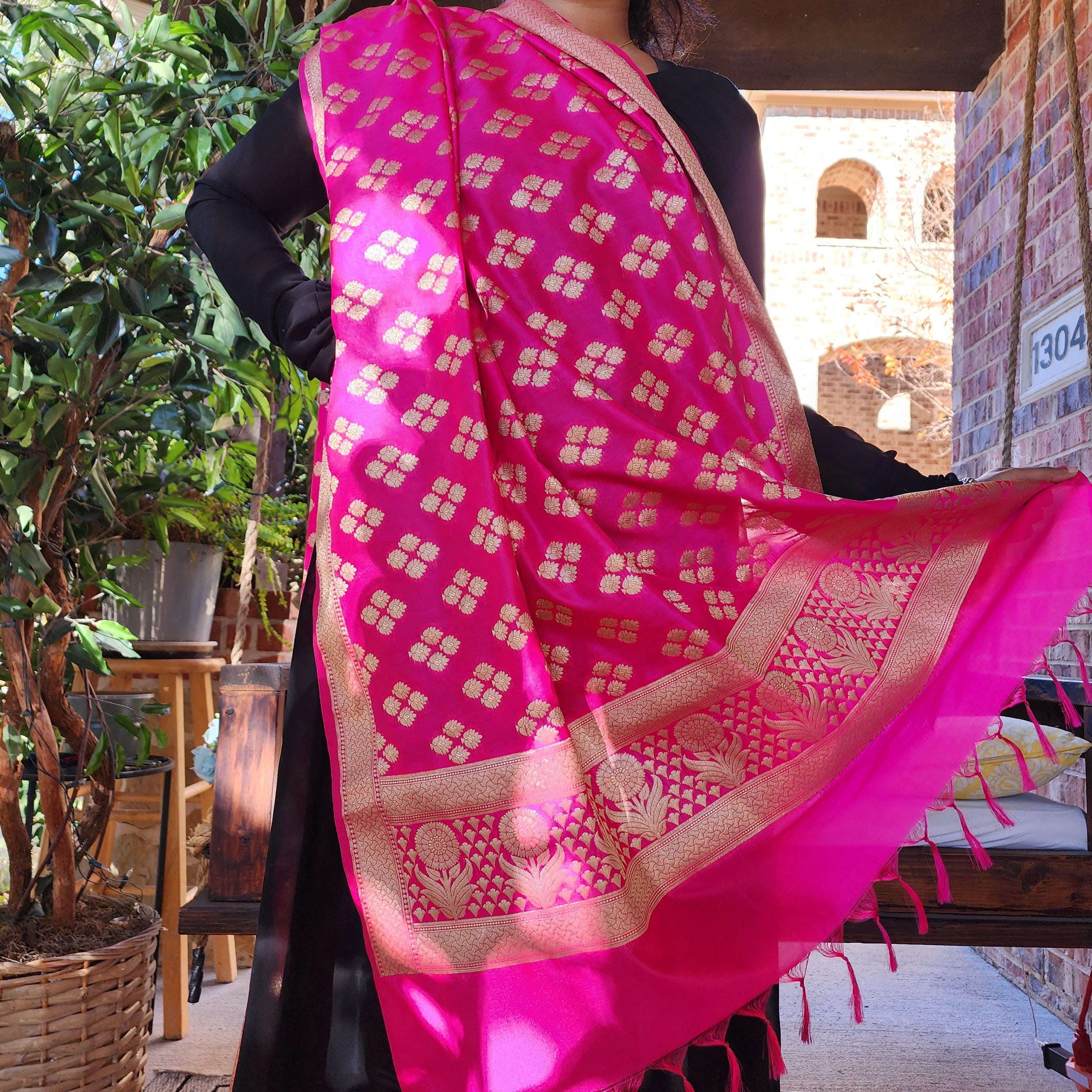 Banarasi Silk Rani Pink Color Dupatta with gold handweaving, Indian traditional and Festive designer dupatta, luxurious soft Banarsi dupatta