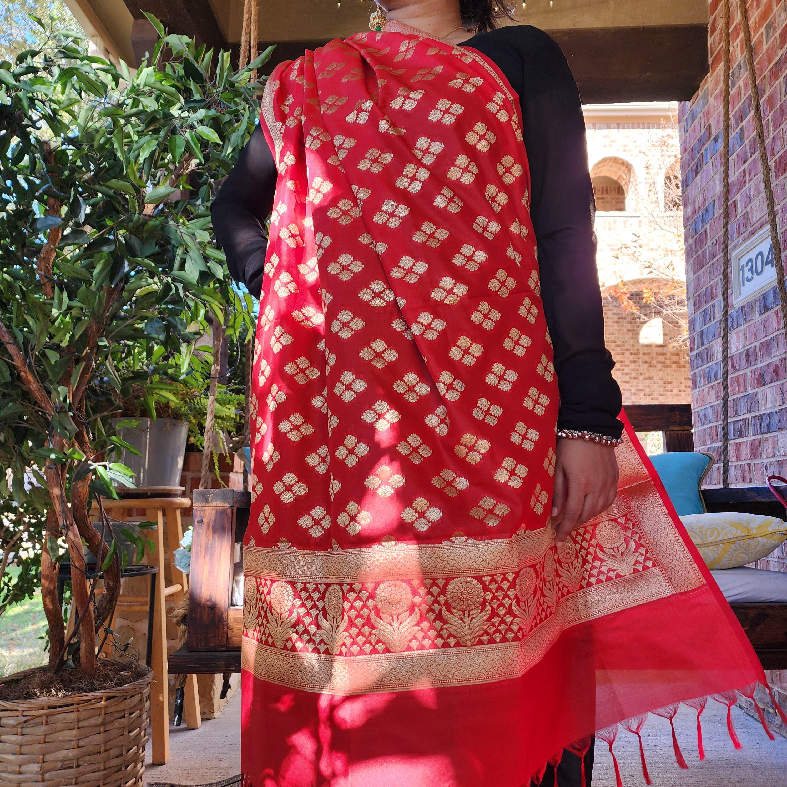 Banarasi Silk Maroon Red Dupatta with gold handweaving