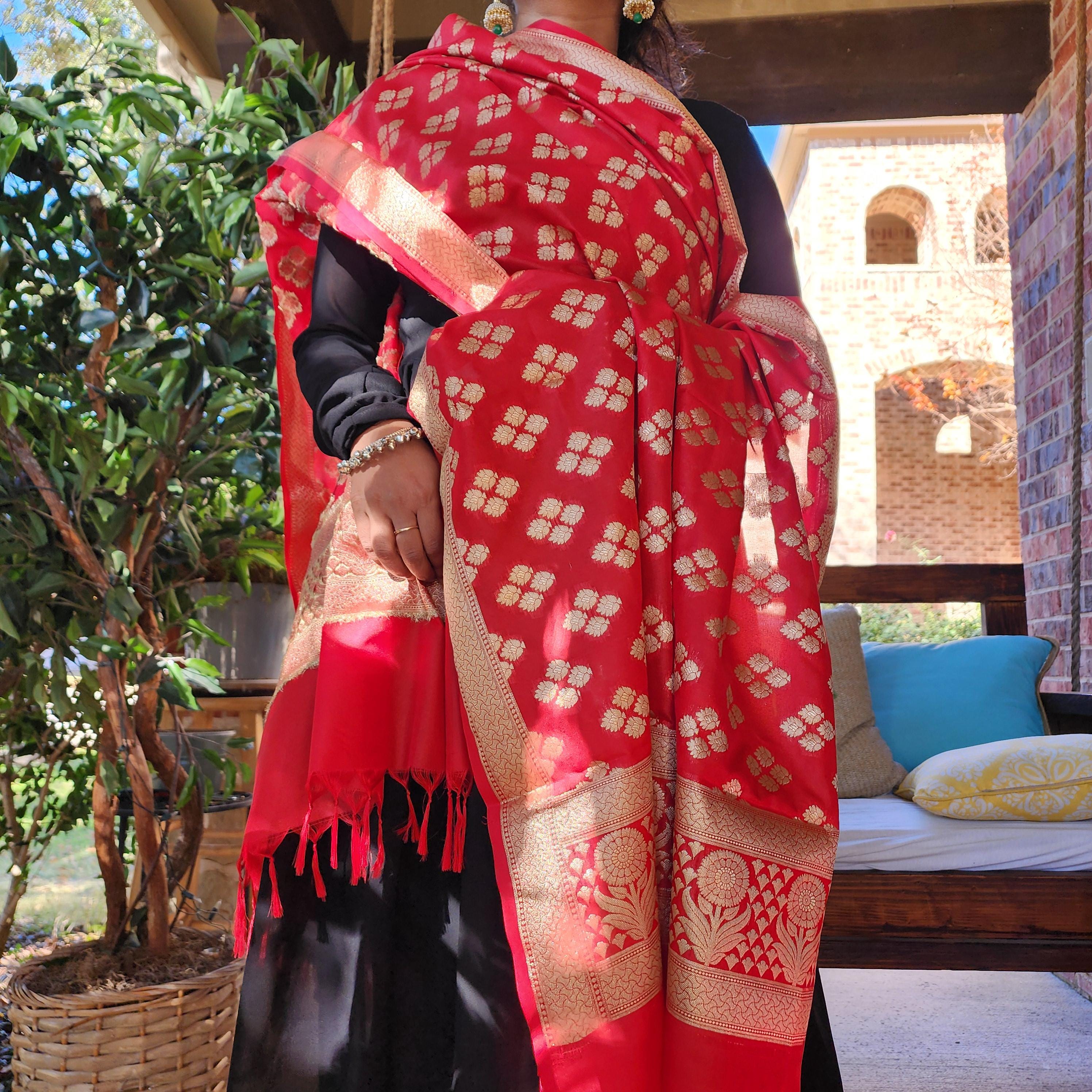 Banarasi Silk Maroon Red Dupatta with gold handweaving