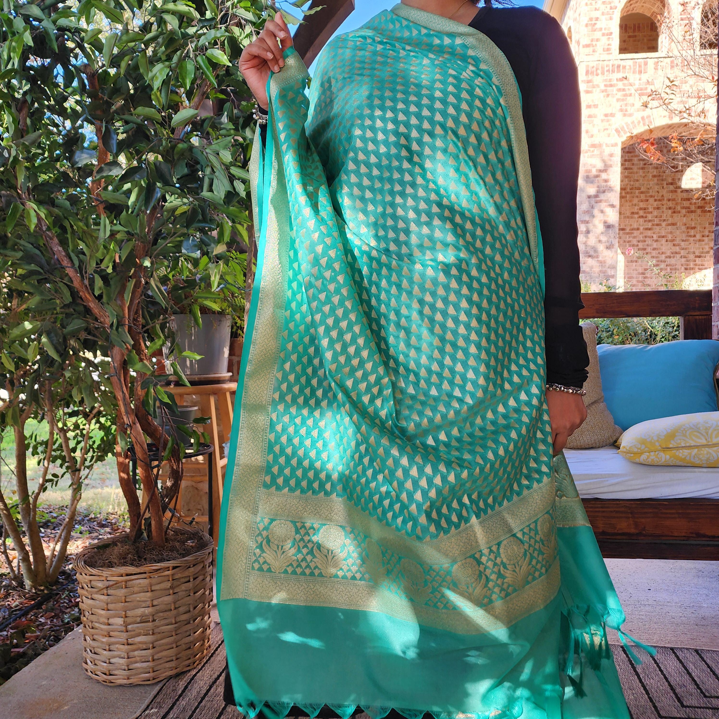 Aqua Green Dupatta with Geometric Triangle Weave & Tassels