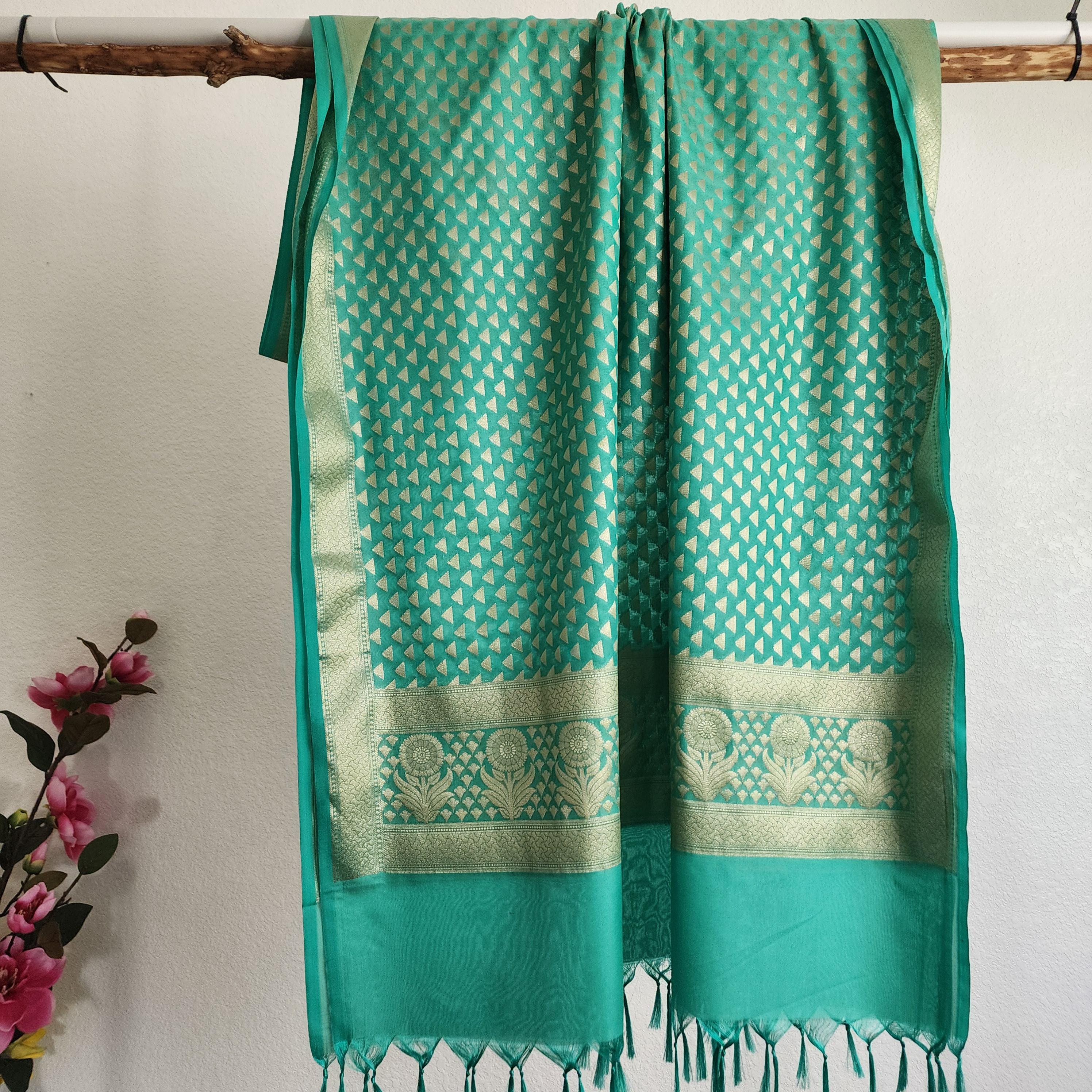 Aqua Green Dupatta with Geometric Triangle Weave & Tassels
