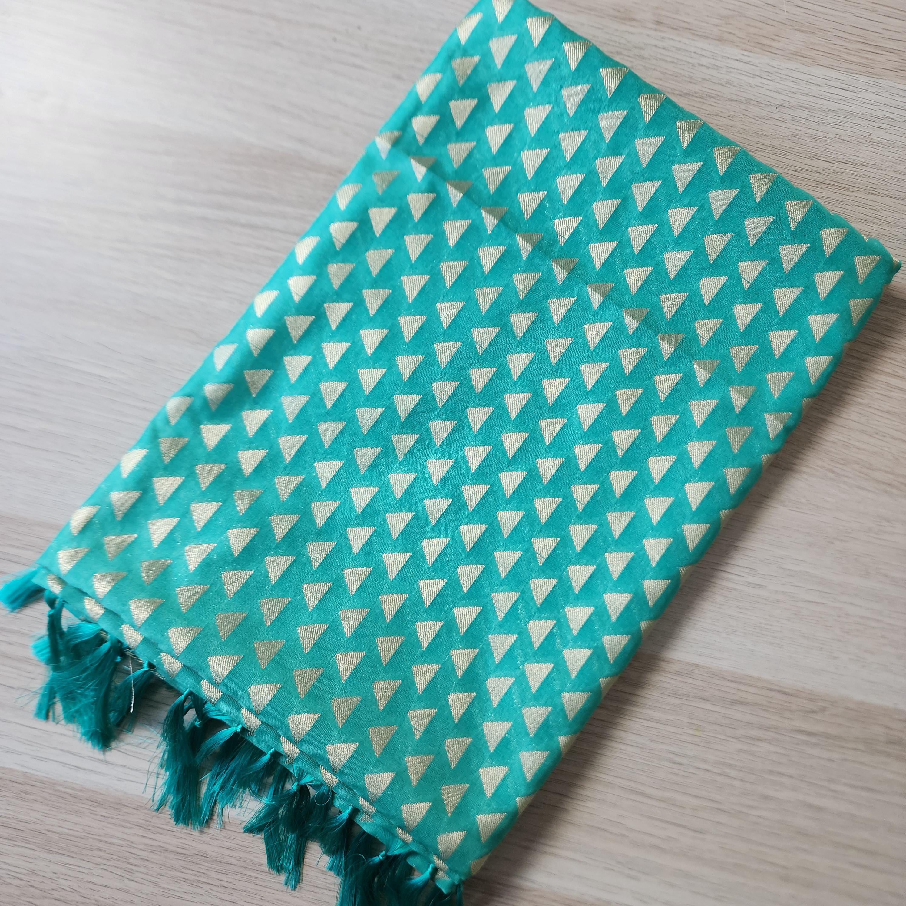 Aqua Green Dupatta with Geometric Triangle Weave & Tassels
