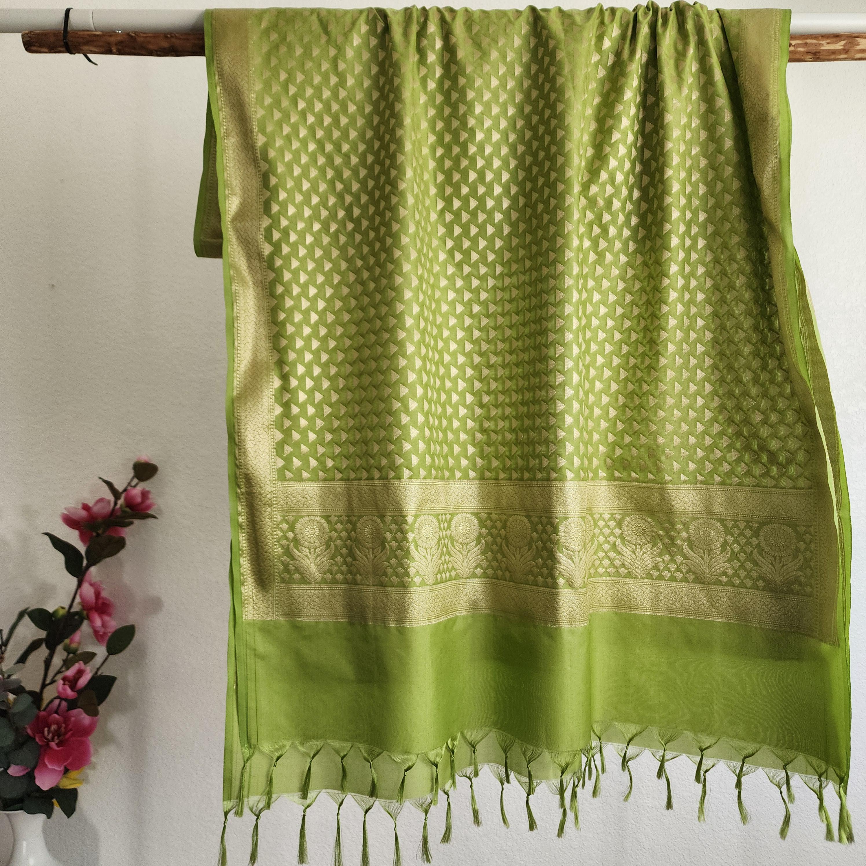 Pista Green Dupatta with Geometric Triangle Weave & Tassels
