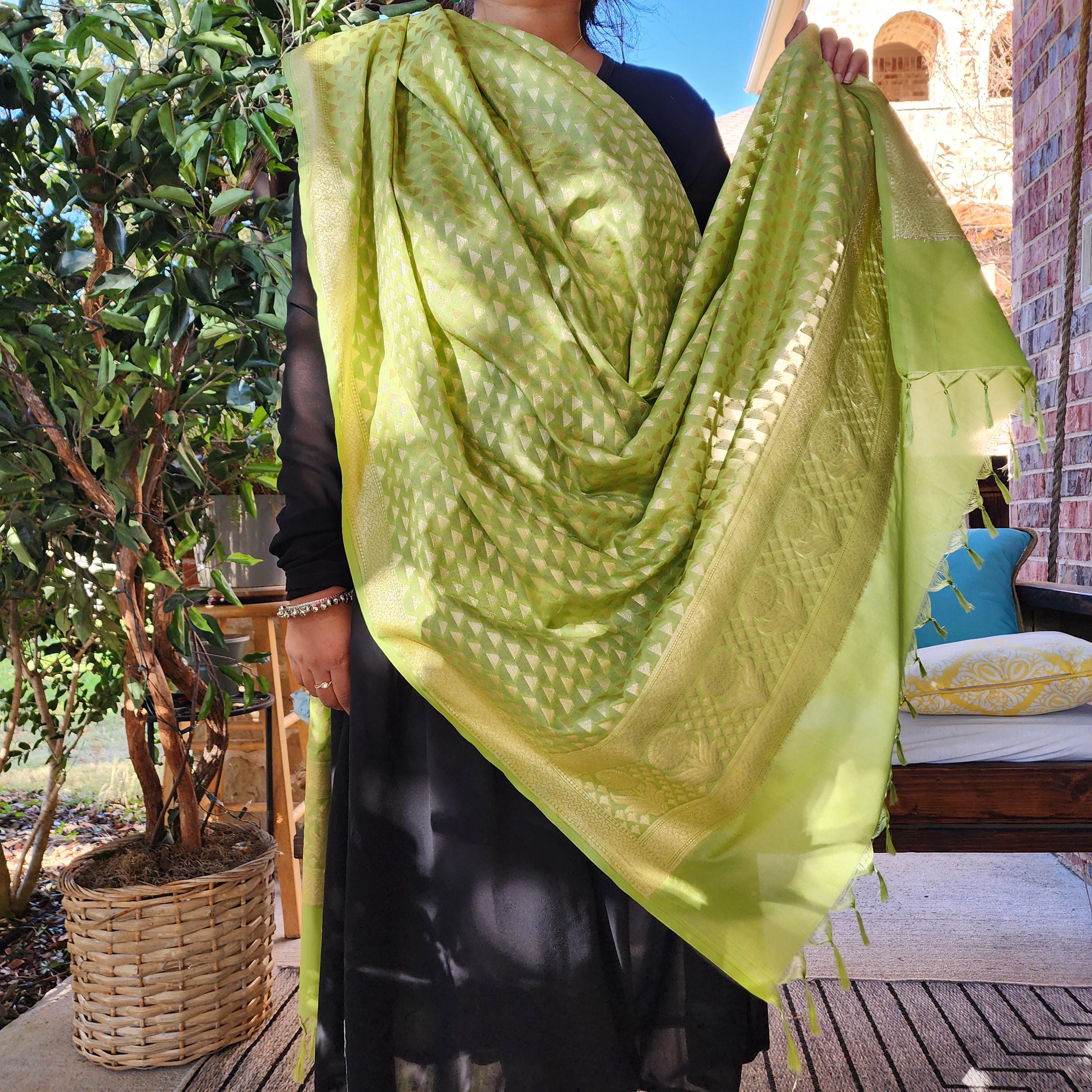 Pista Green Dupatta with Geometric Triangle Weave & Tassels