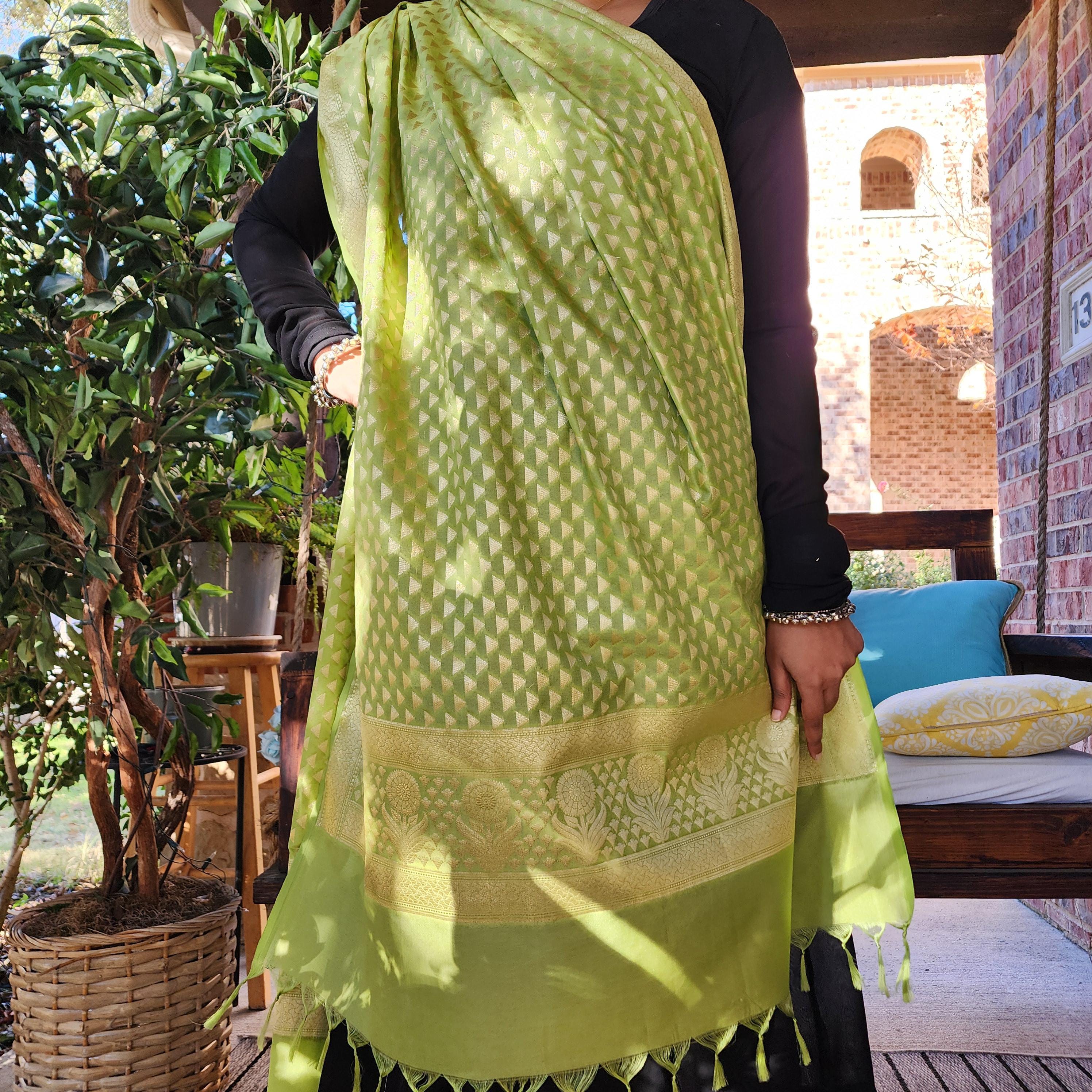 Pista Green Dupatta with Geometric Triangle Weave & Tassels